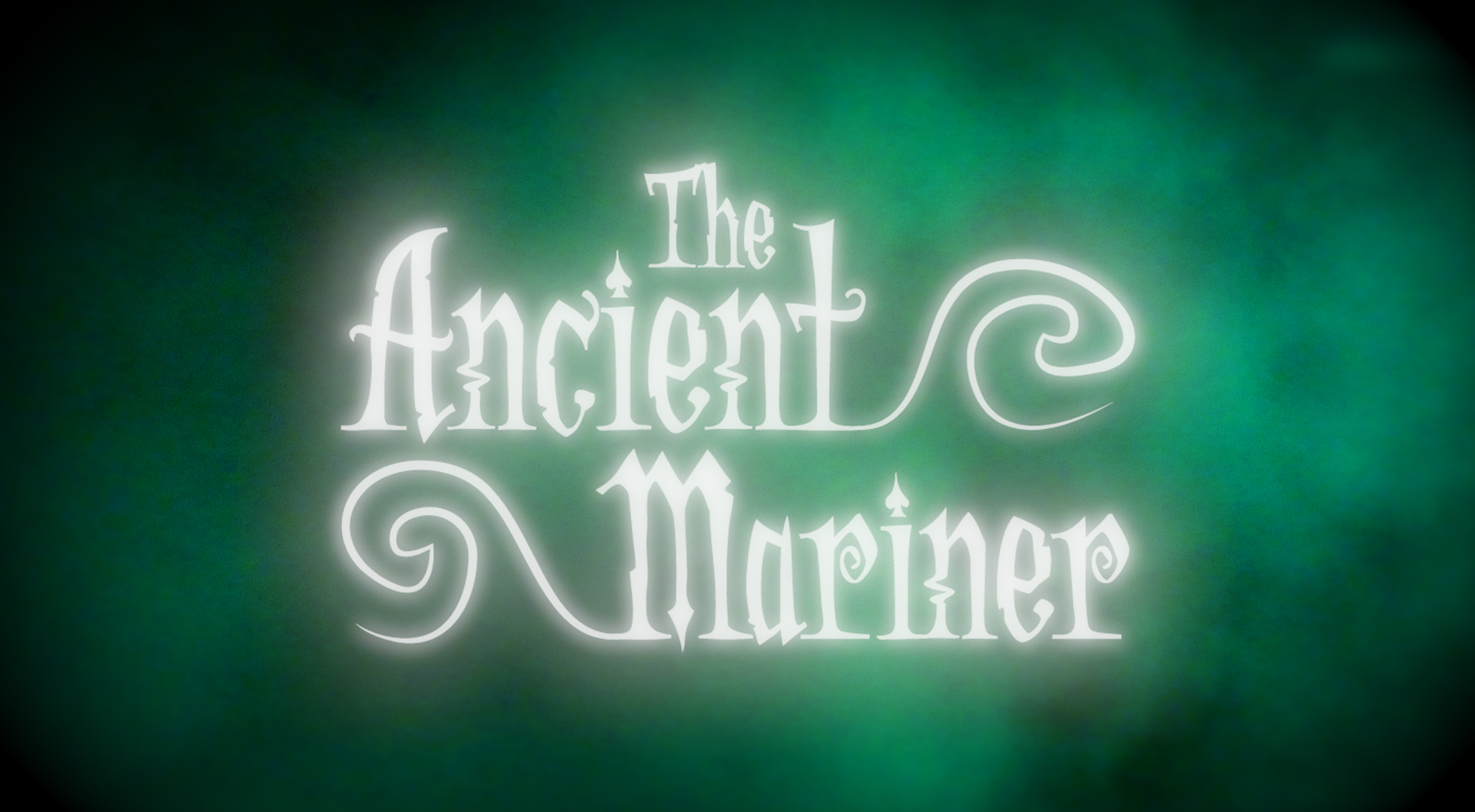 Glow-in-the-dark sign reading 'The Ancient Mariner' with ornate, Gothic-style lettering and swirling decorative accents on a dark background.