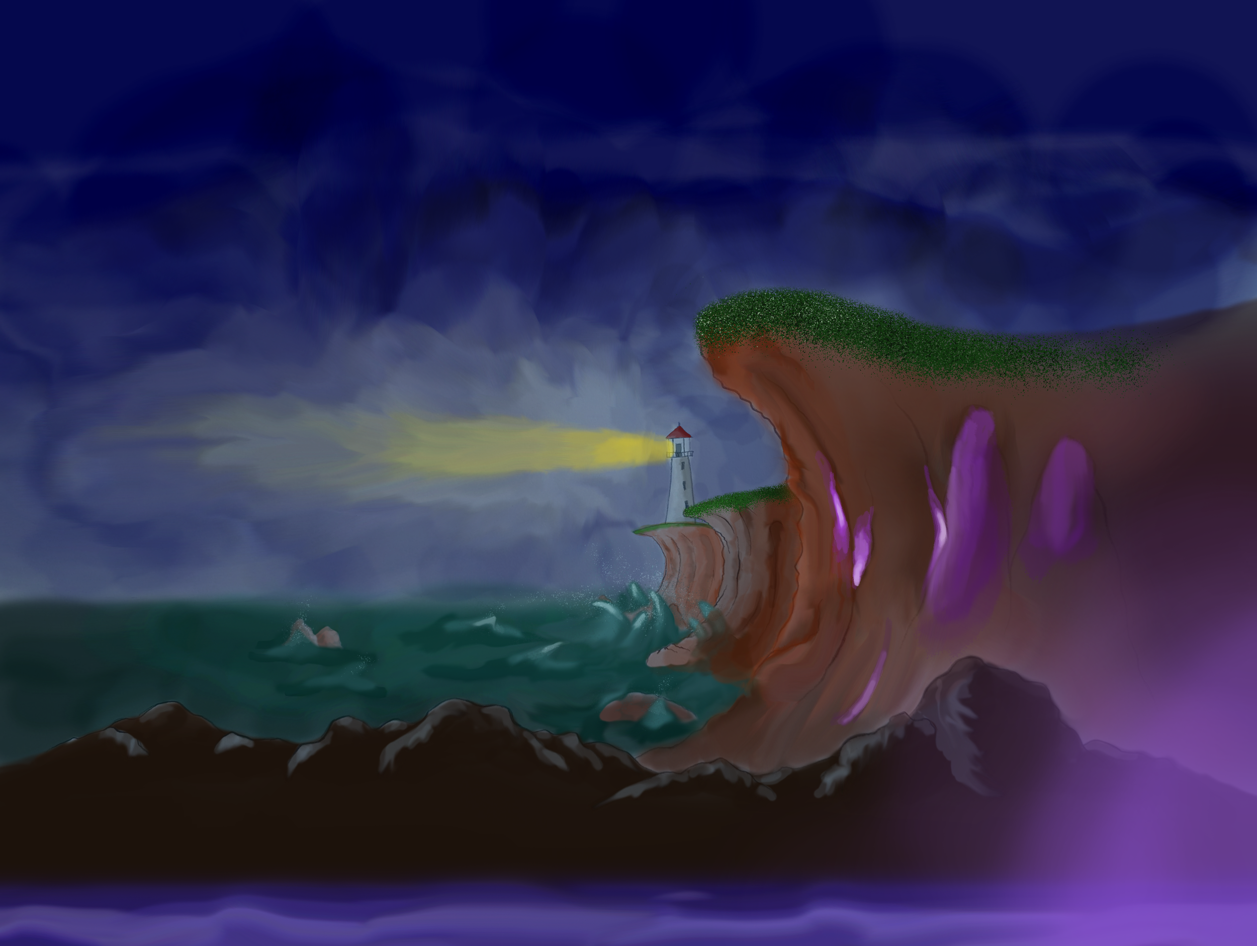 Medium: Adobe Photoshop. Concept art used in a dark ride competition for Bama TPED. Depicts a climactic coastal scene inspired by L.M. Montgomery's Anne of Green Gables.