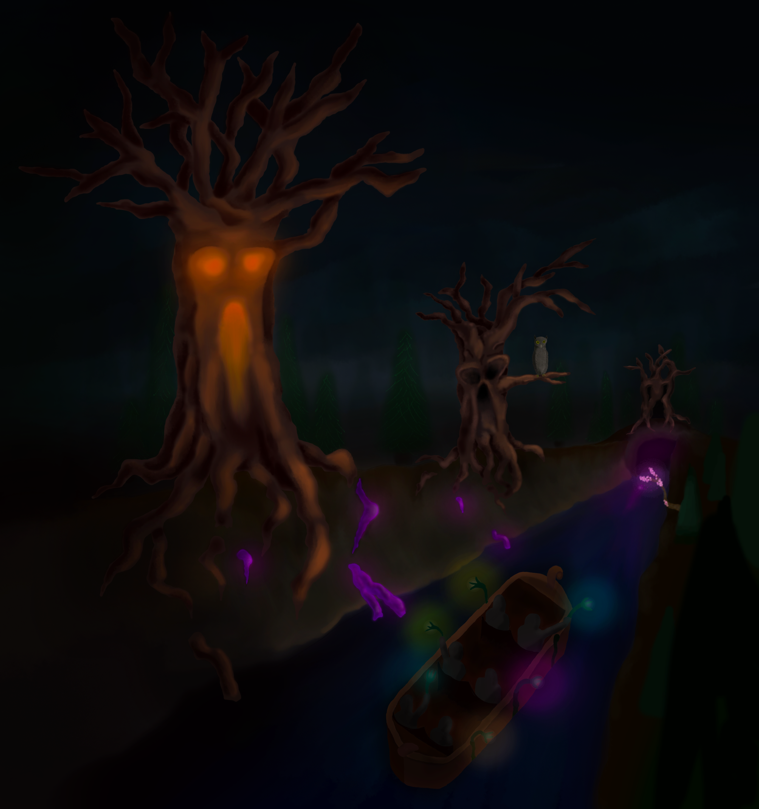 Medium: Adobe Photoshop. Concept art used in a dark ride competition for Bama TPED. Depicts a haunted forest scene inspired by L.M. Montgomery's Anne of Green Gables.