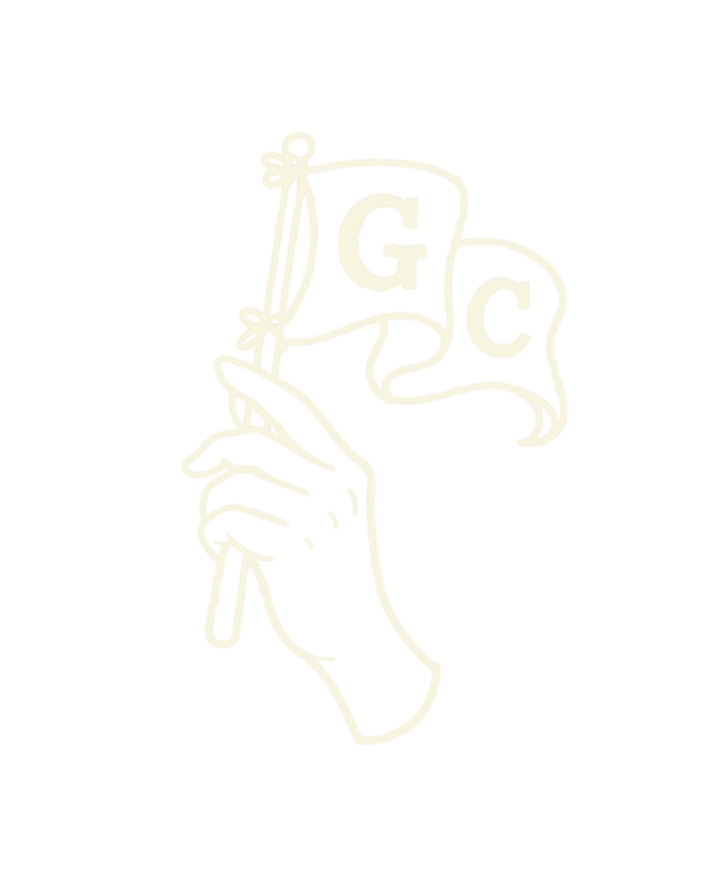 Outline of a hand holding a small flag with the letters 'G' and 'C' on it.