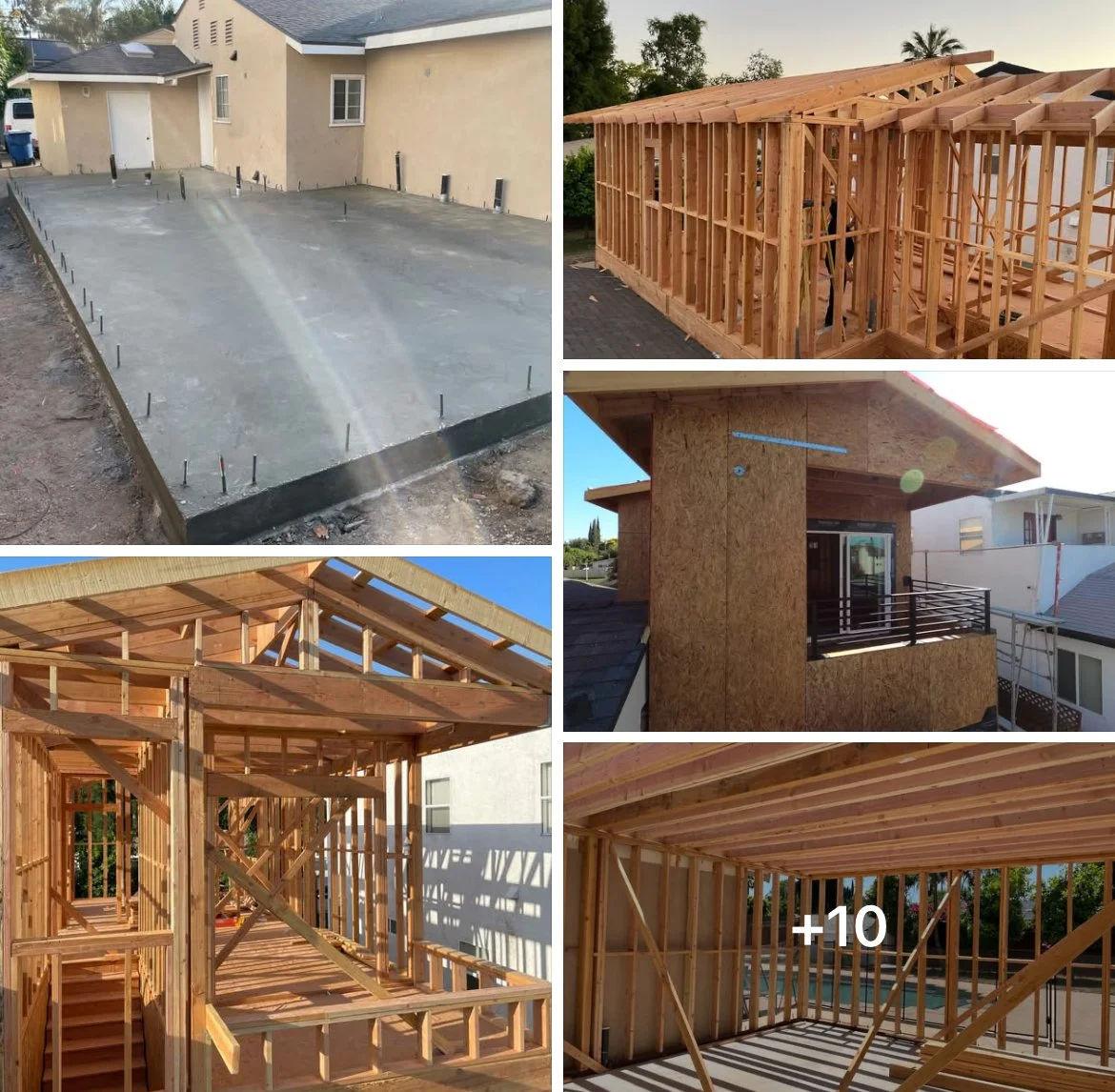 Images of a house under construction, showing framing in various stages including the foundation, walls, and roof structure, with some completed exterior walls and interior framing.
