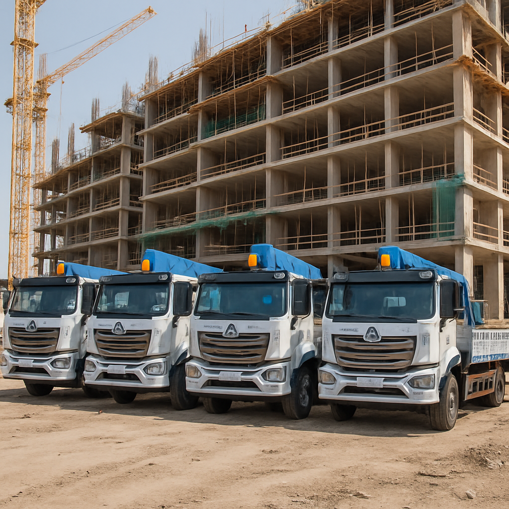Construction site with three white trucks parked in front of an unfinished multi-story building.