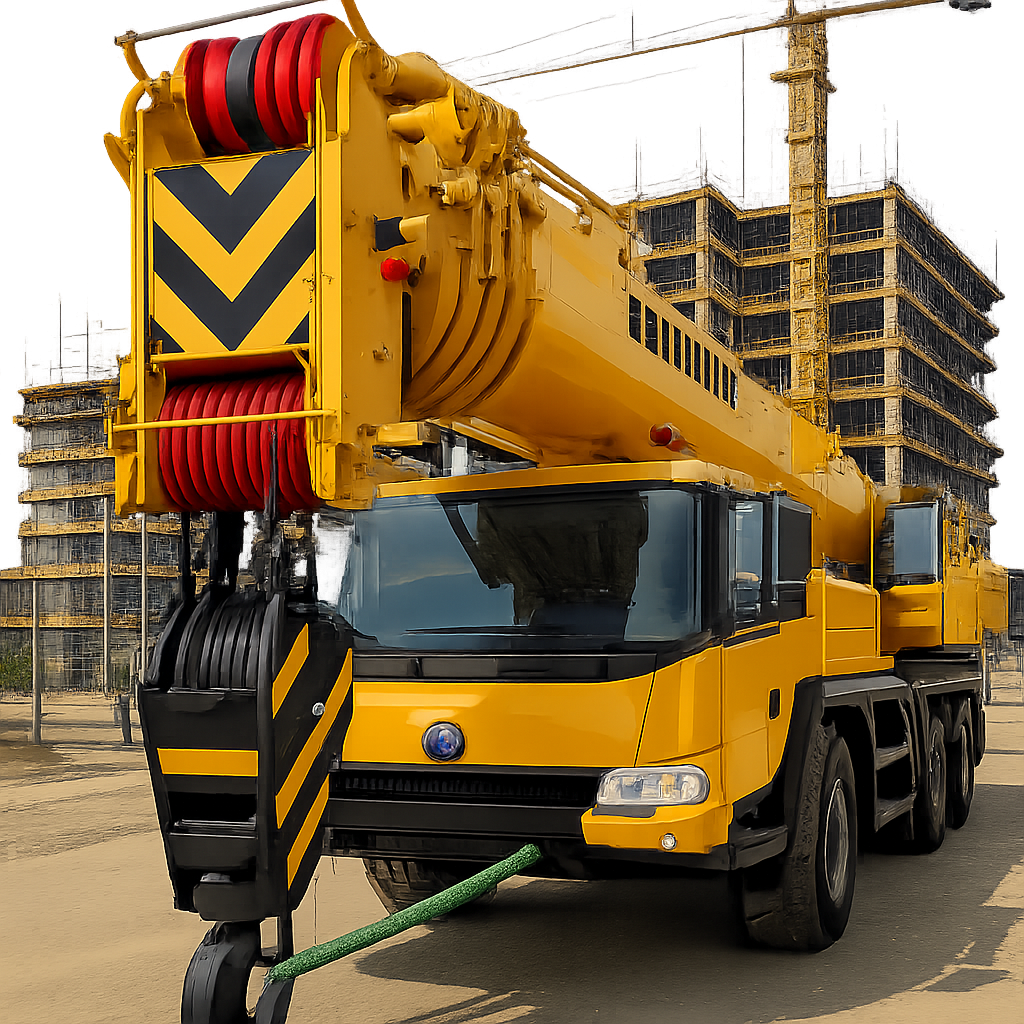 Yellow mobile crane with black and yellow striped warning signs, hydraulic boom extended, on construction site with taller buildings under construction in the background.