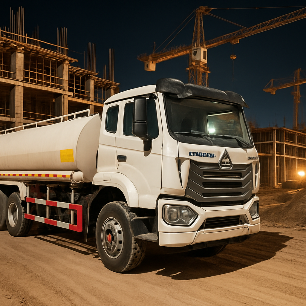 A white water tanker truck parked on a construction site at night with building framework and cranes in the background.