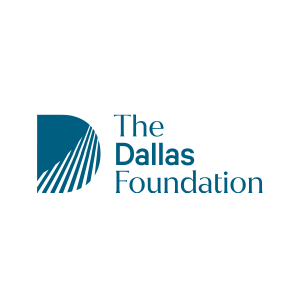 Logo of The Dallas Foundation featuring a stylized blue circular design with white lines and the foundation's name in blue text.