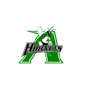 A cartoon mascot of a green hornet wearing a hockey mask, with the word "Hornets" written below, set against a large green letter "A" in the background.