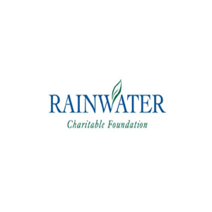 Logo of Rainwater Charitable Foundation with stylized green leaf above the text.