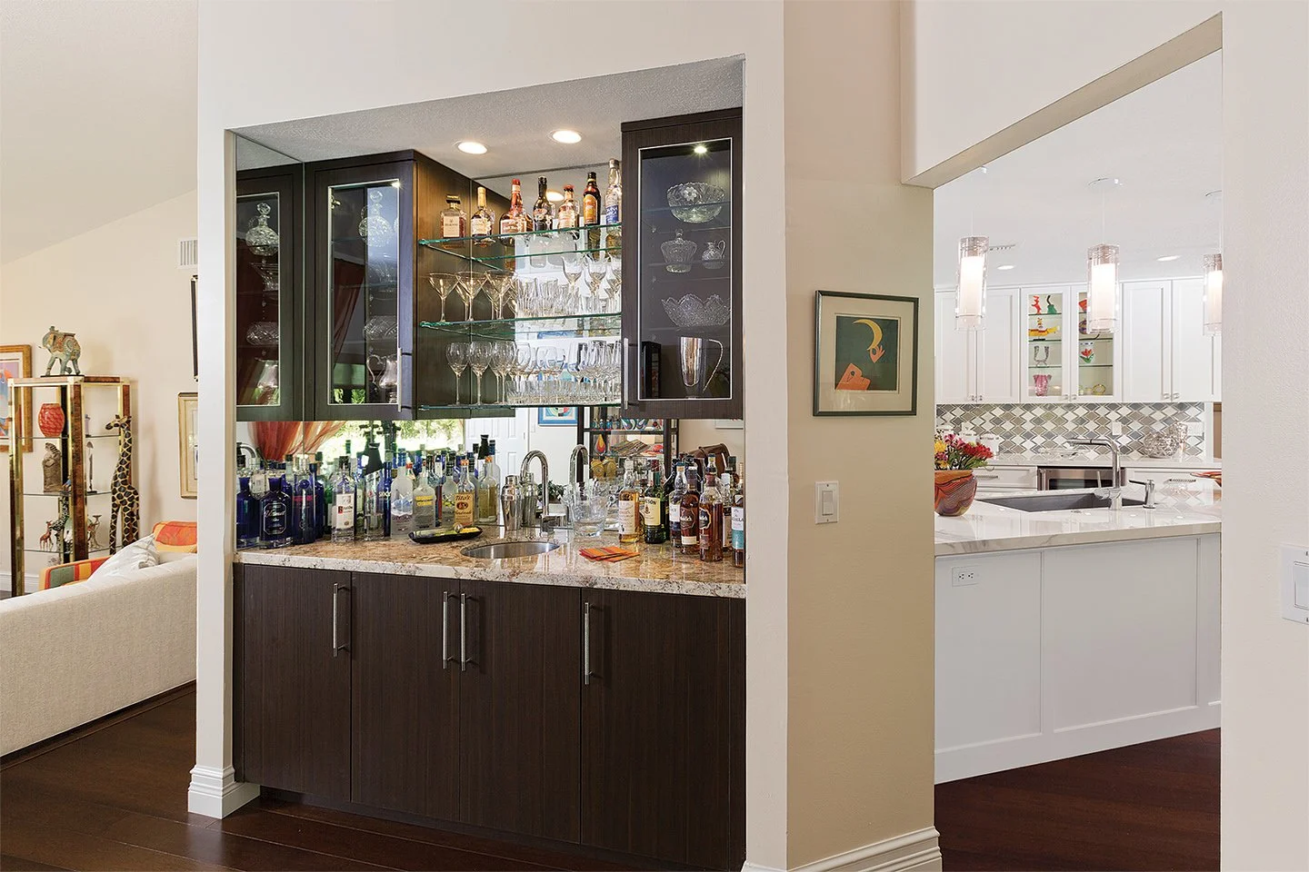 Home bar and white kitchen cabinetry custom entertainment solutions Durango Colorado
