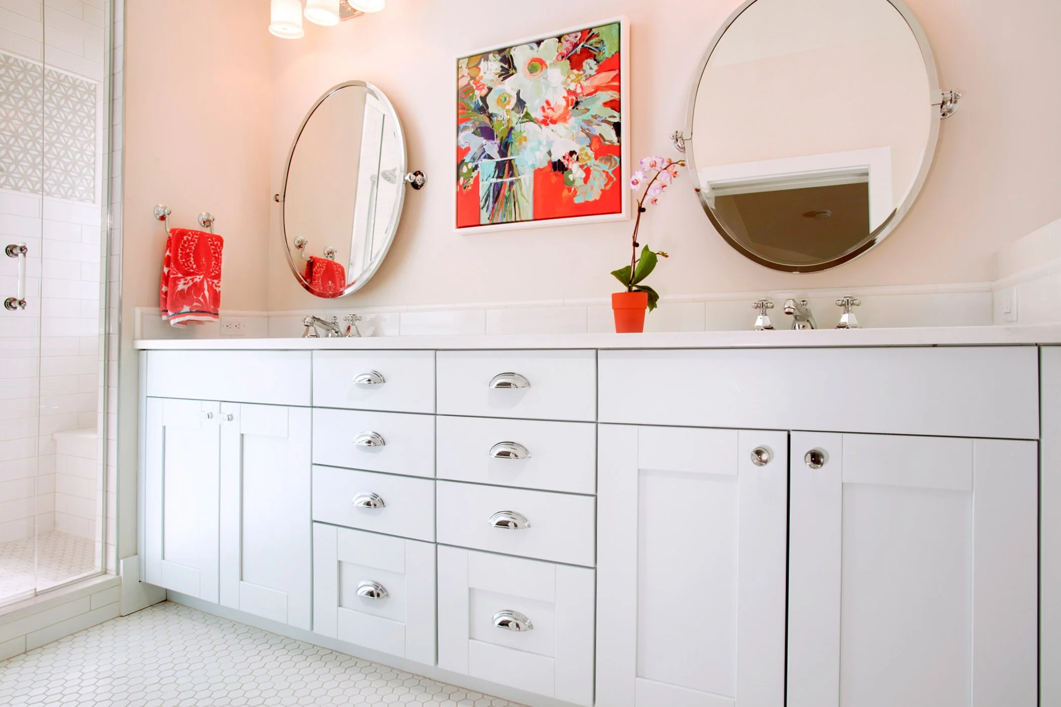 Dual vanity bathroom cabinets lots of storage pull-out drawer organizers Cortez Colorado