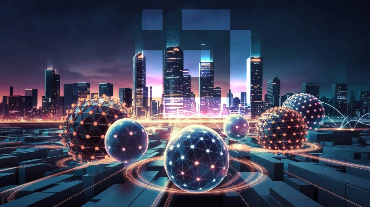Futuristic cityscape with illuminated skyscrapers and digital spheres with network patterns in the foreground.