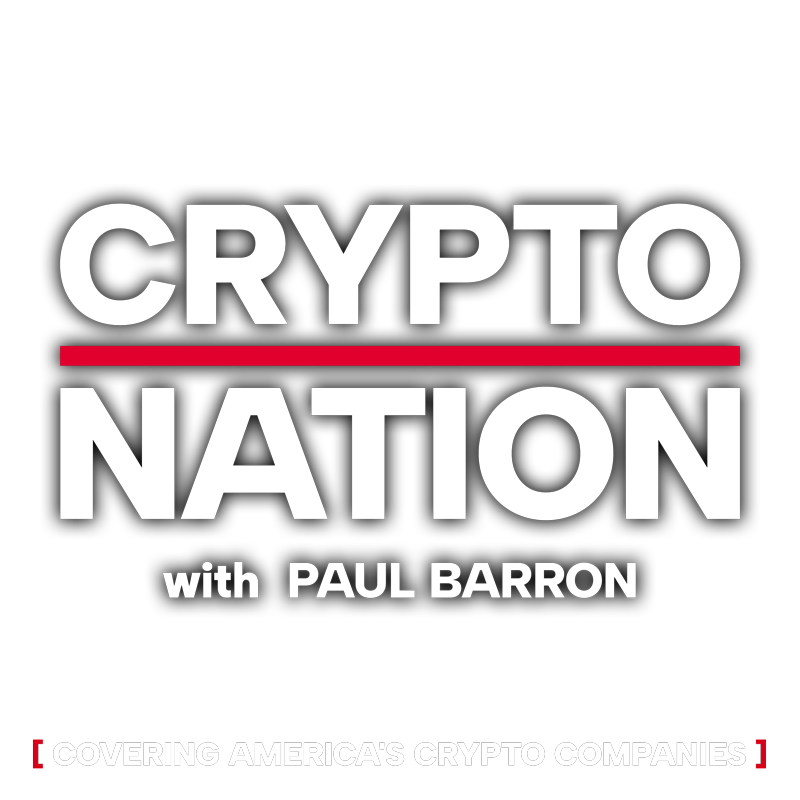 Logo for 'Crypto Nation with Paul Barron', featuring bold white text on a black background with a red line under 'Crypto'. Subtitle reads 'covering America's crypto companies'.