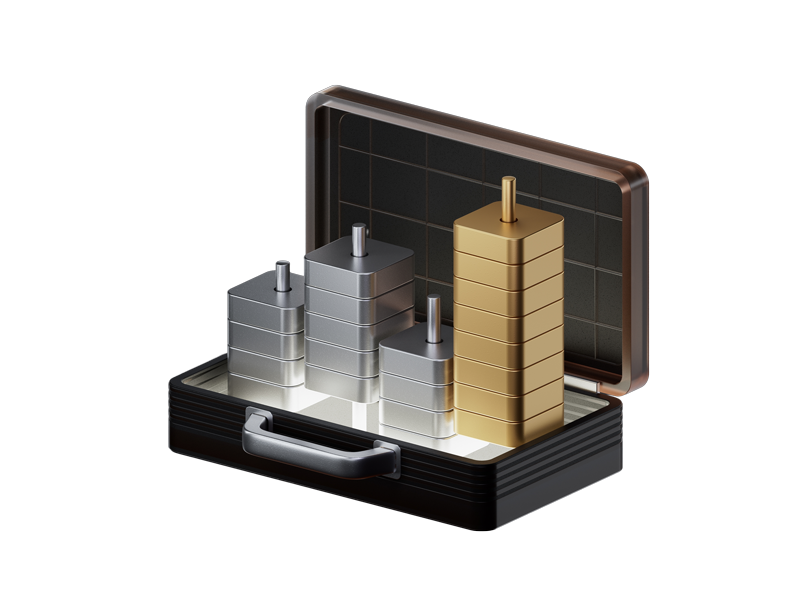 A black briefcase with a handle, containing a 3D bar chart with four ascending bars in silver, gray, and gold, displayed on a digital screen with a black background.