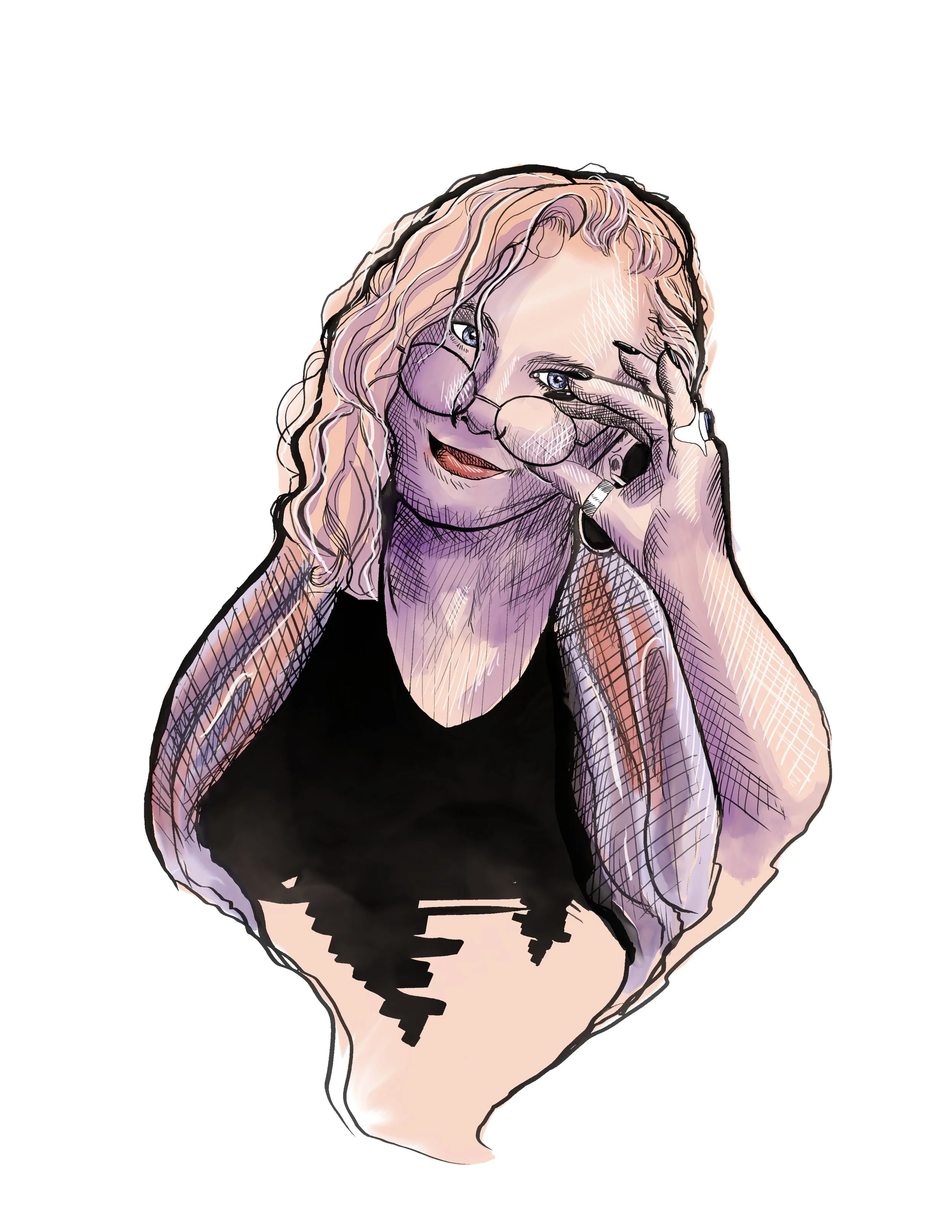 Illustration of a woman with blonde, wavy hair and blue eyes, smiling, covering her left eye with her hand, wearing a ring on her finger, and dressed in a black sleeveless top, with a white background.