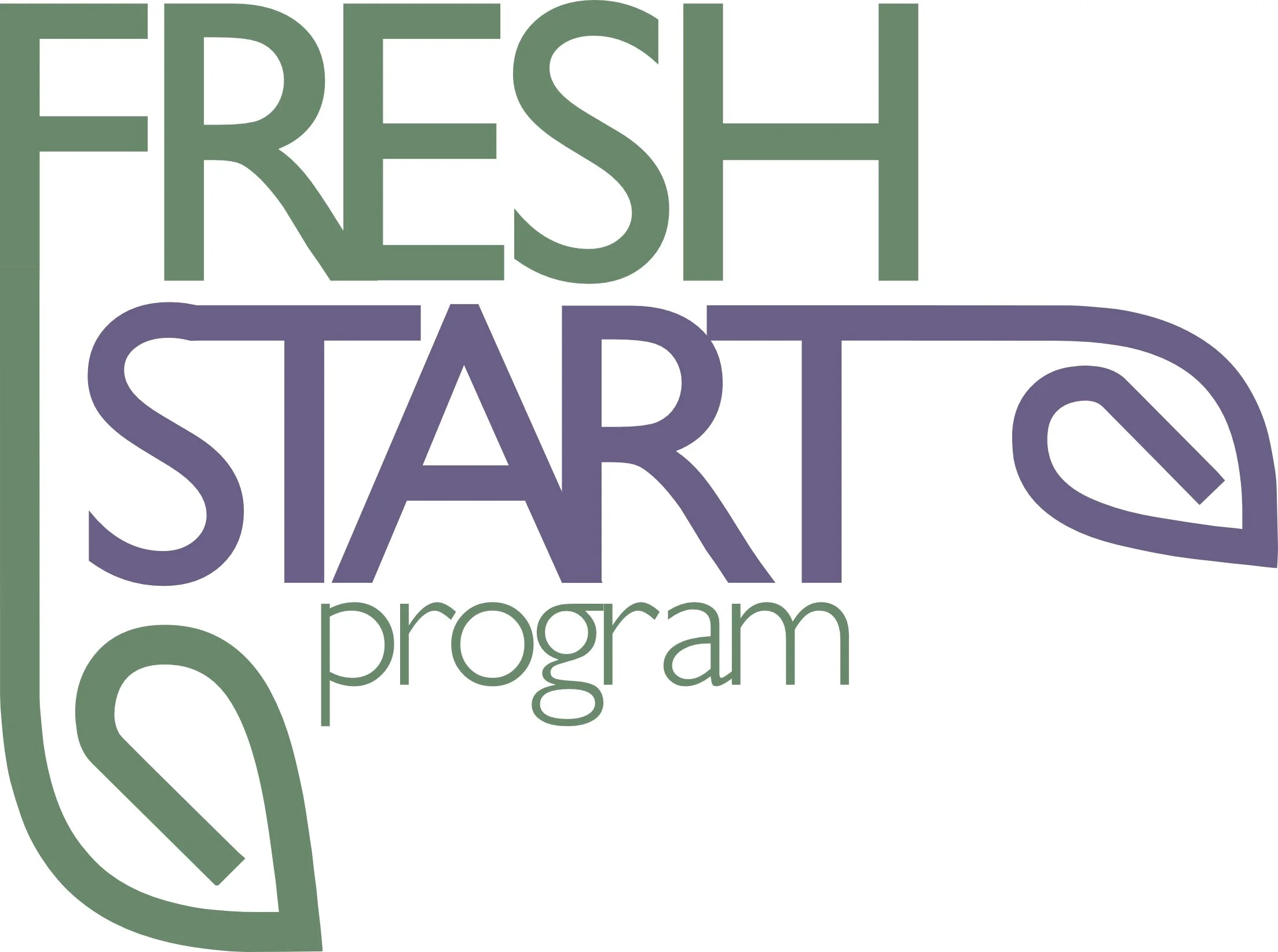 Text logo with the words 'Fresh Start Program' in stylized font, with parts of the text in green and purple, and a circular design element.