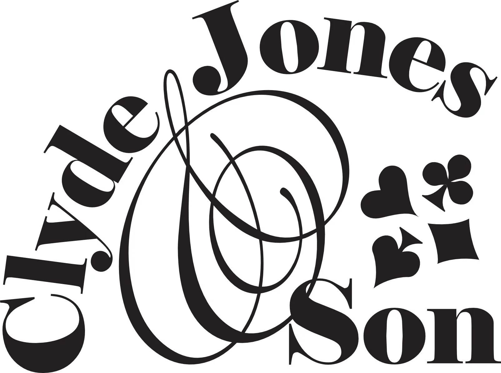 Stylized black text and symbols, including hearts, clubs, and diamonds, arranged in a circular pattern.