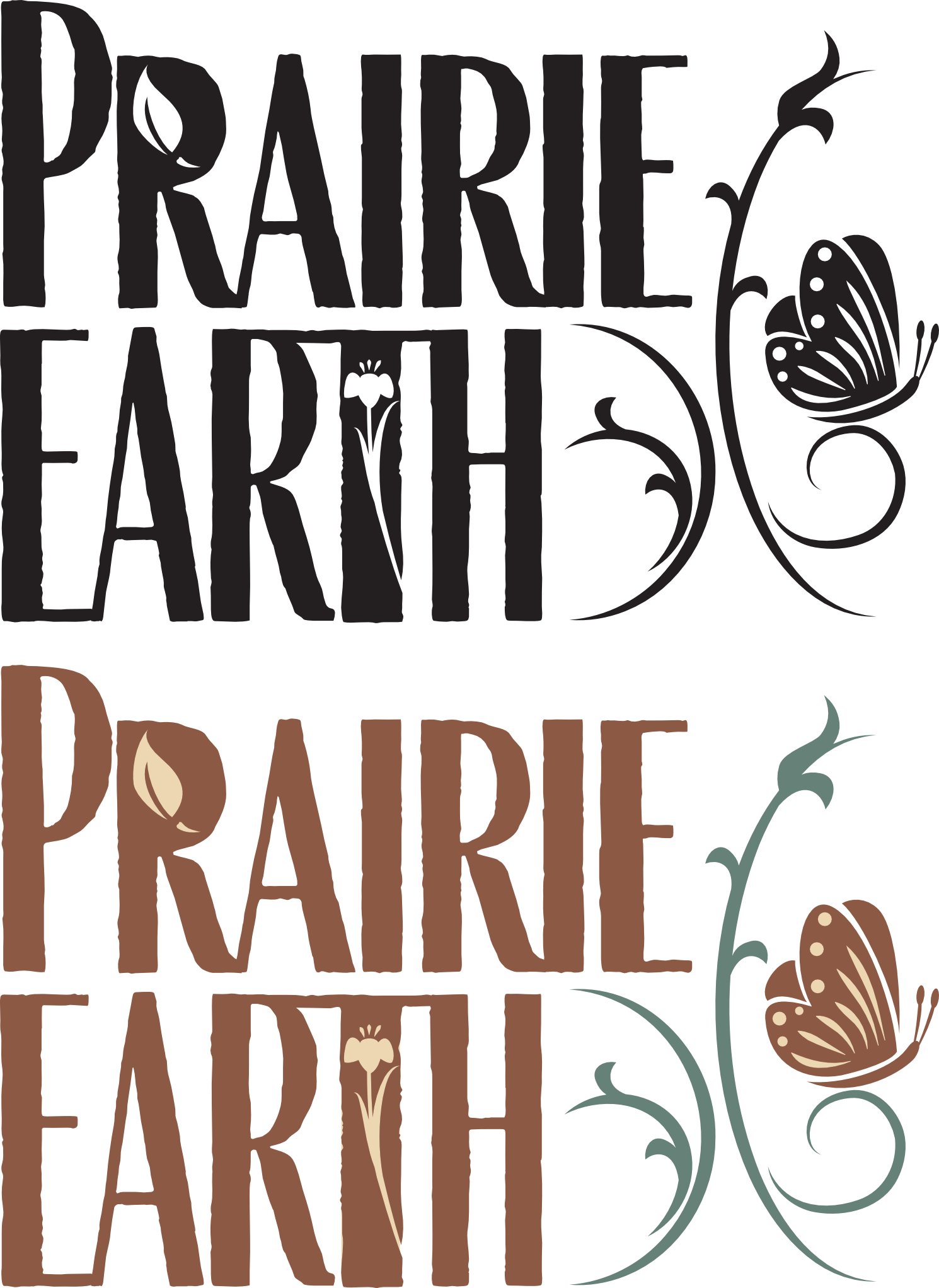 Black and brown typography that reads 'Prairie Earth' with a decorative butterfly and floral accents.