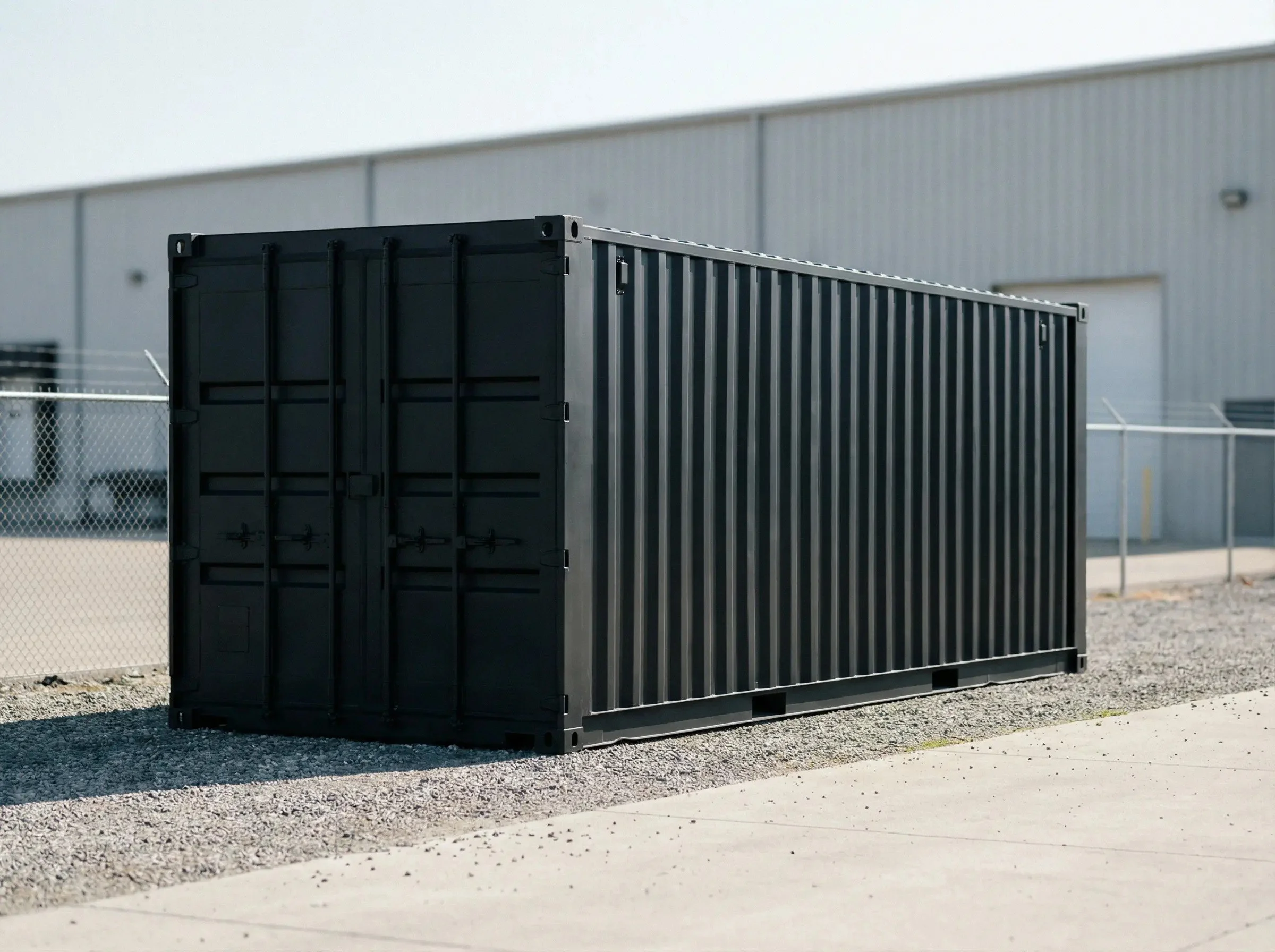 A large black shipping container outdoors near a chain-link fence and a white industrial building.