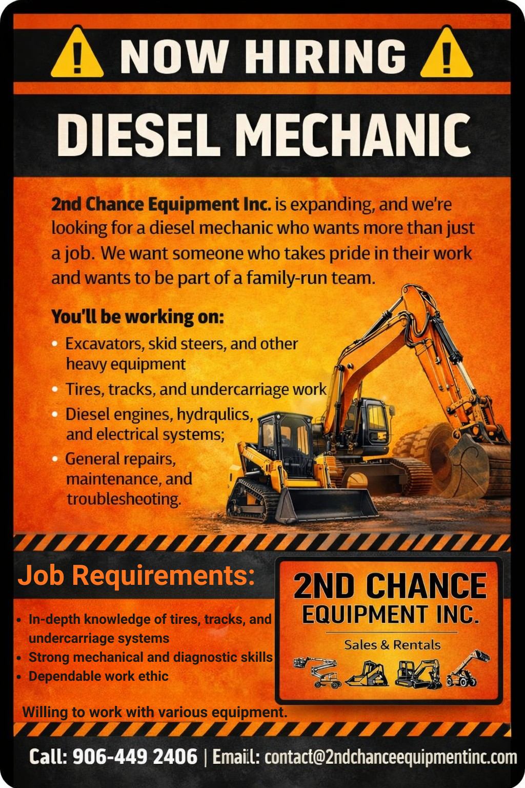 A recruitment poster for 2nd Chance Equipment Inc. seeking a diesel mechanic. The poster features a large excavator illustration, safety warning icons, and sections outlining job responsibilities, requirements, and contact information.