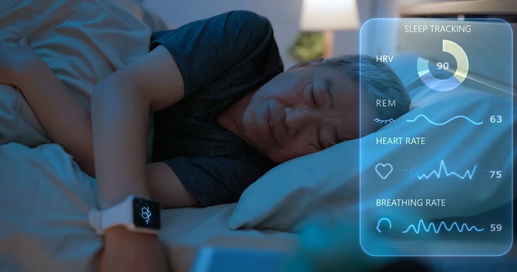 An elderly woman sleeping in bed with a smartwatch on her wrist displaying health data, including sleep tracking, heart rate, and breathing rate.