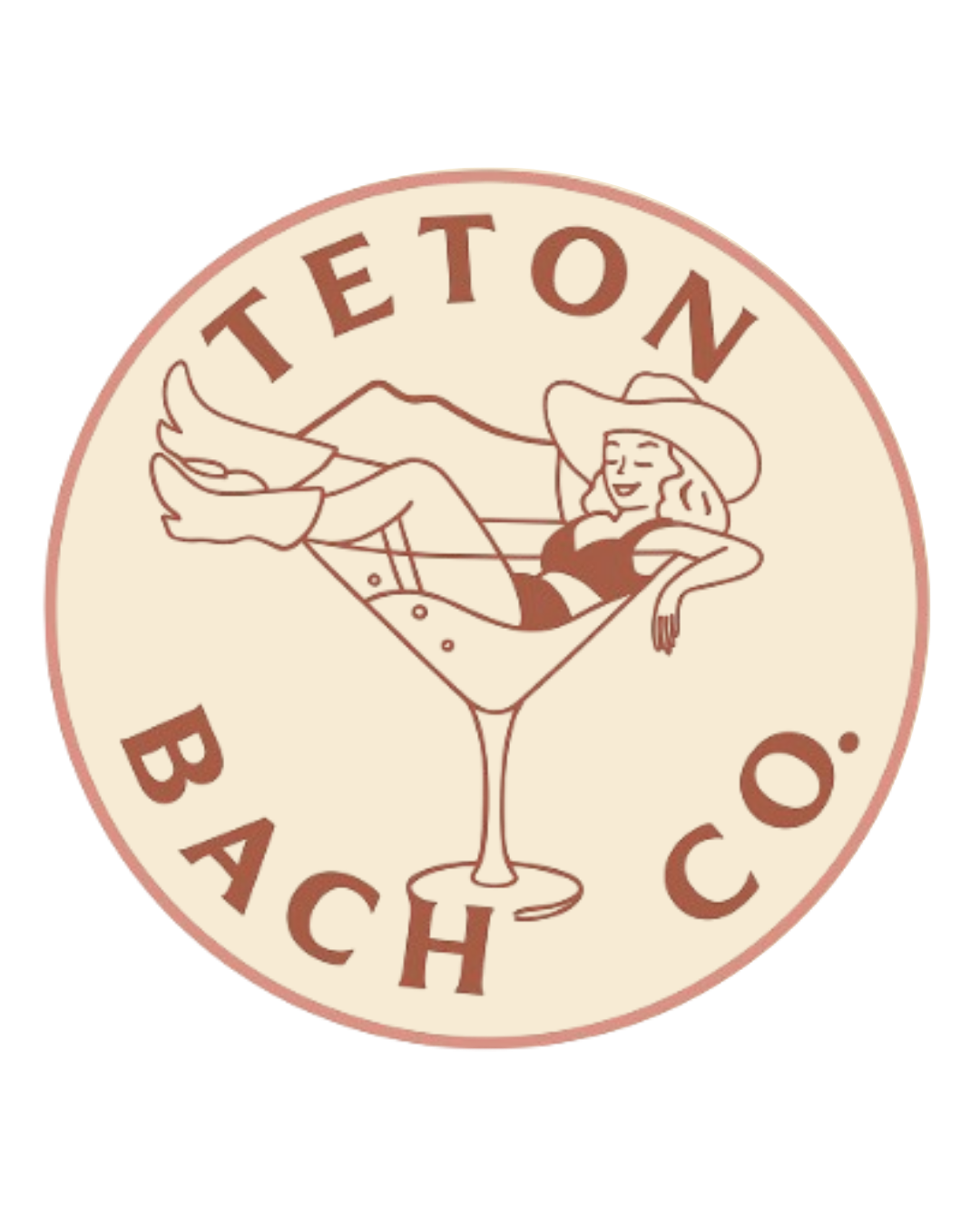 Logo for Teton Beach Co. featuring a woman relaxing in a hammock inside a cocktail glass, with a mountain background.