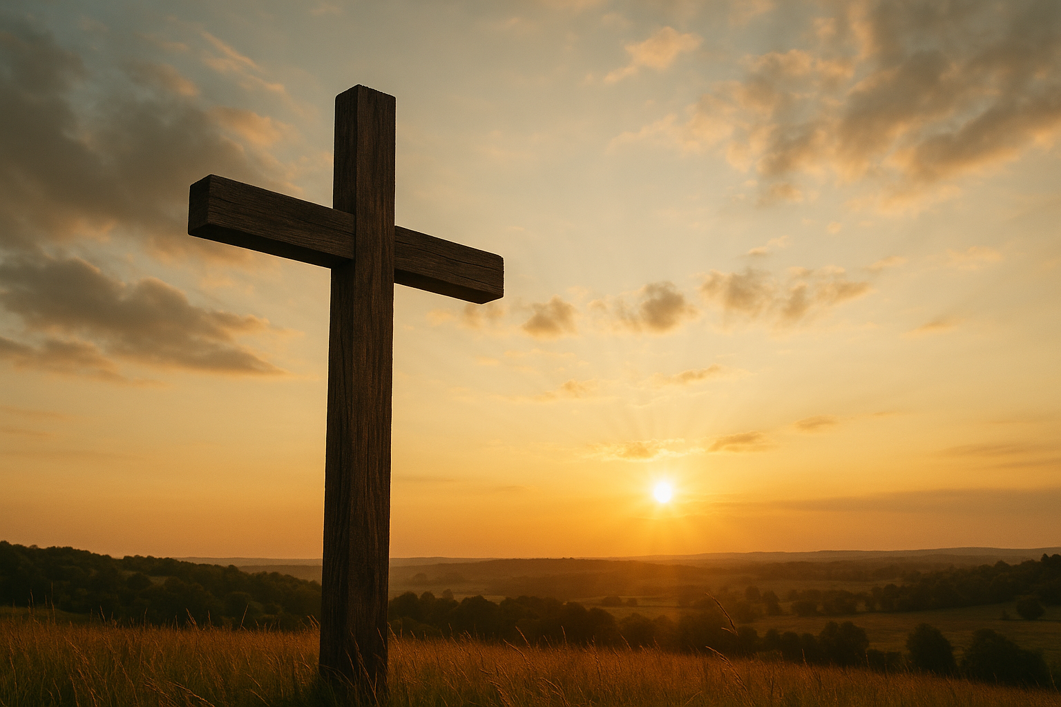 A wooden cross standing in a grassy field at sunset with a sky filled with clouds.