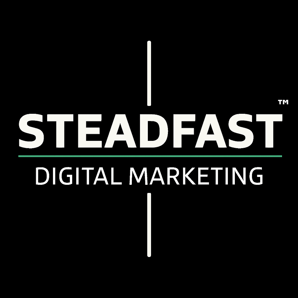 White text that say Steadfast Digital Marketing on a black background with a green dividing line