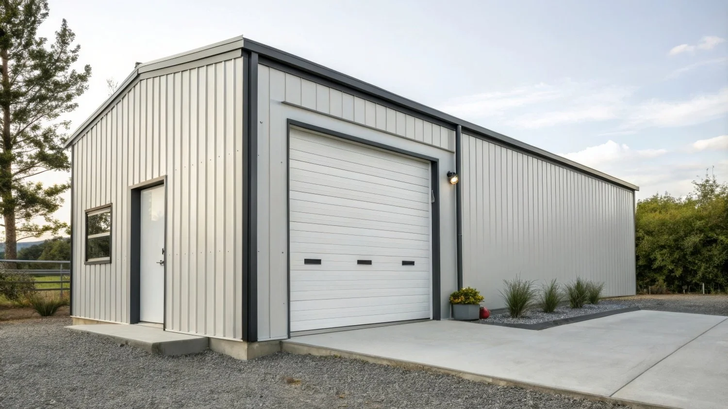 Modern white metal garage with gray trim, roll-up door, and landscaped driveway.