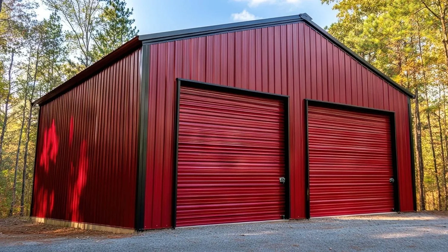 Bright red metal garage with double roll-up doors surrounded by trees in a wooded setting.