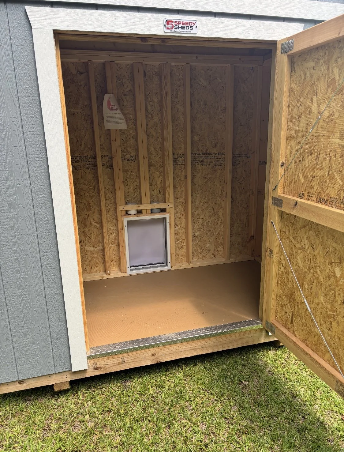 Interior view of dog kennel shed showing built-in pet door and plywood flooring.