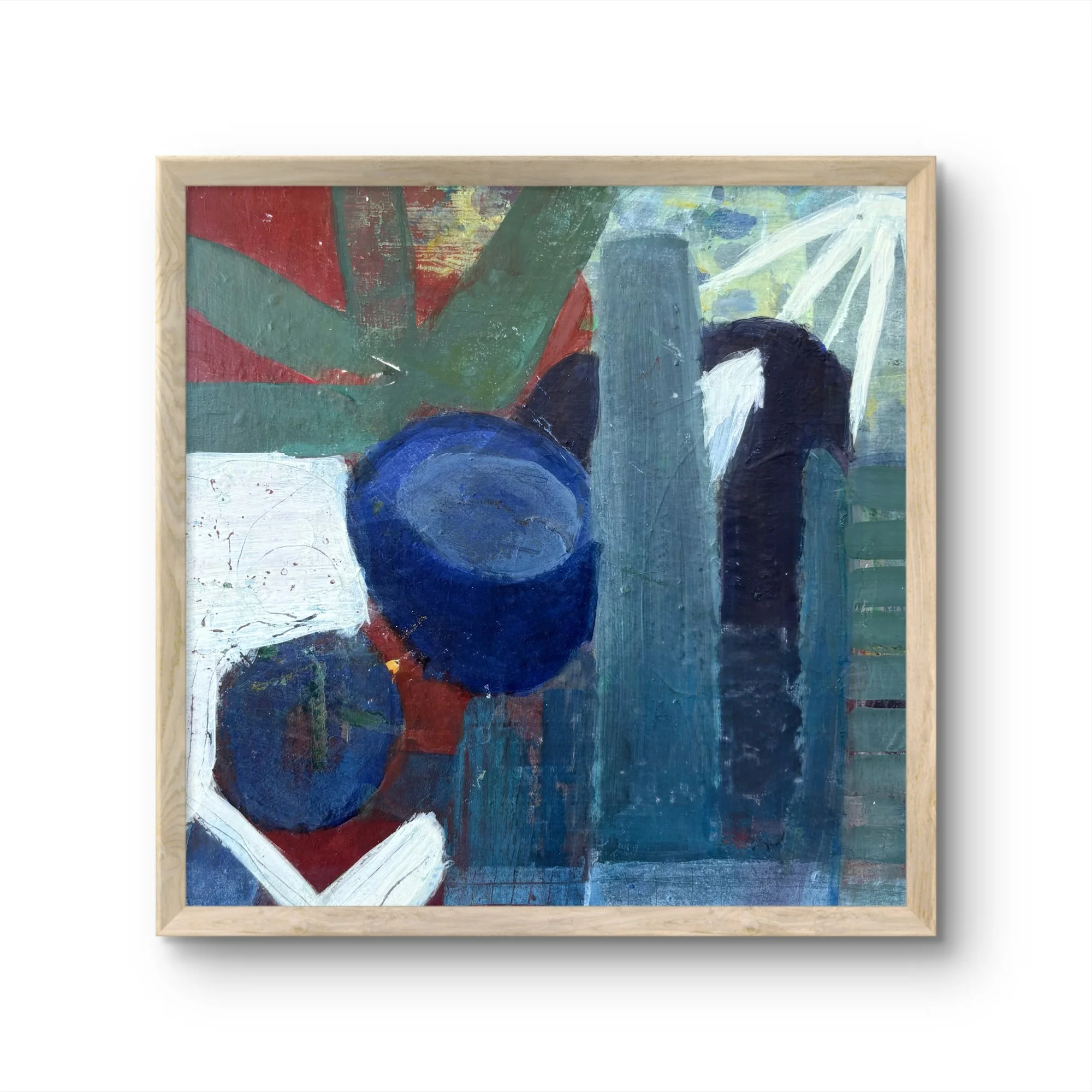 Abstract mixed media painting with deep blue circular shapes and vertical structures in a light wood frame.