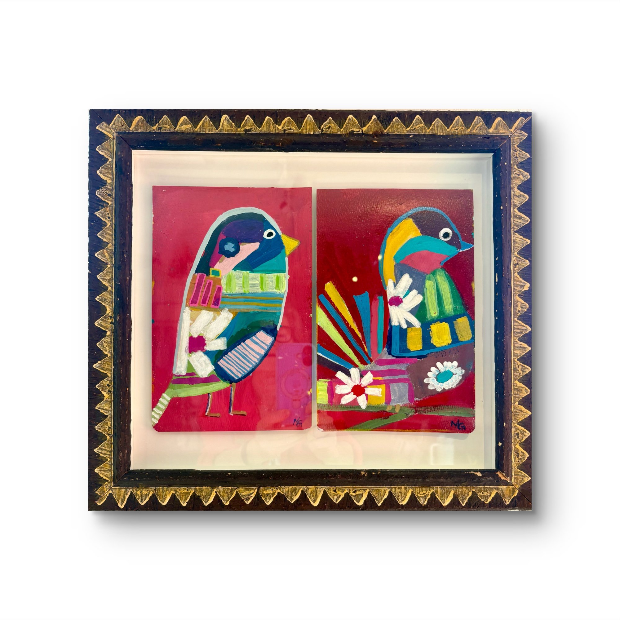 Gouache painting of two colorful folk-art birds on a magenta background.
