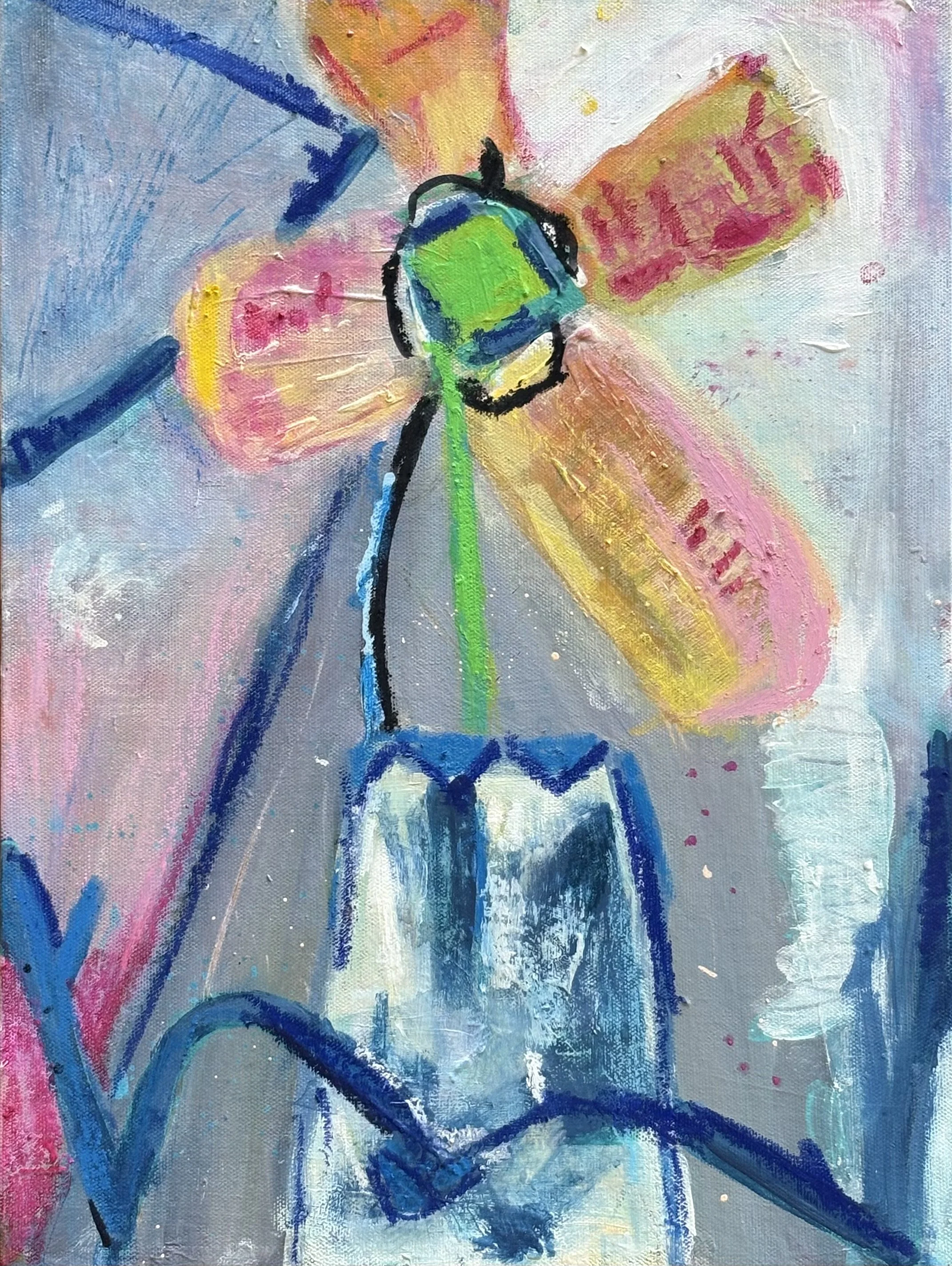 Abstract acrylic painting of a large, stylized flower with pink and yellow petals in a blue-trimmed vase.