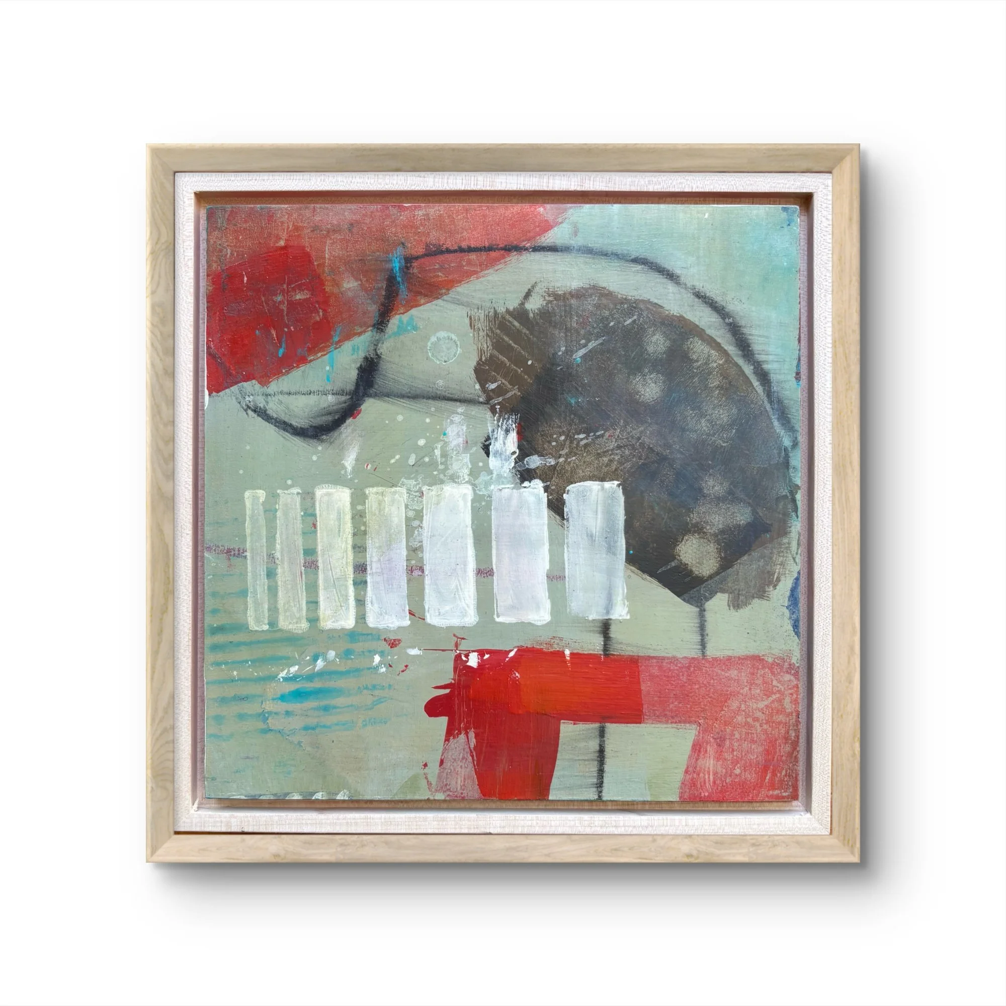 Abstract mixed media painting with a row of white rectangular shapes and bold red accents in a light wood frame.