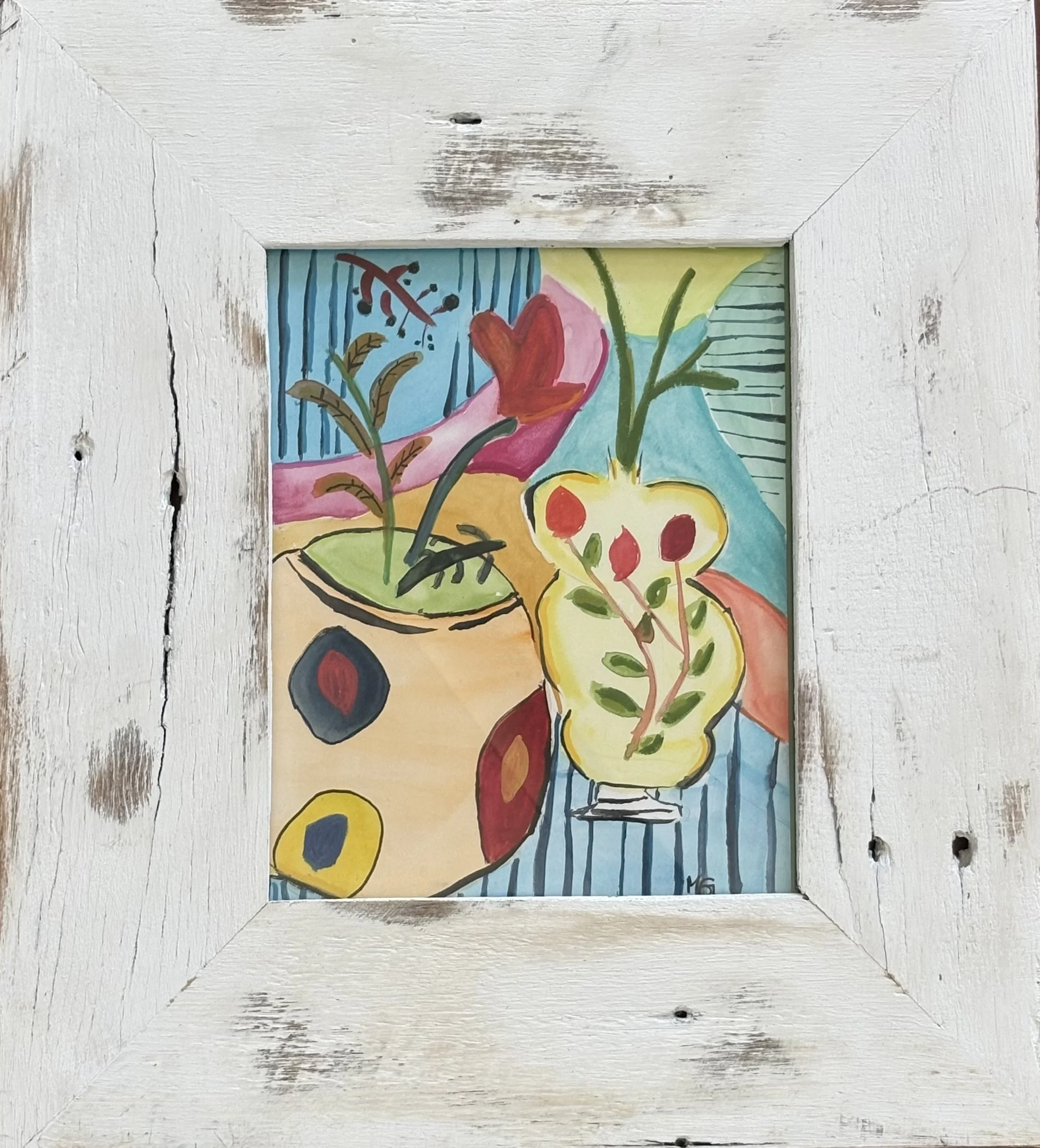 Gouache painting of stylized yellow and tan vases filled with abstract plants and flowers.