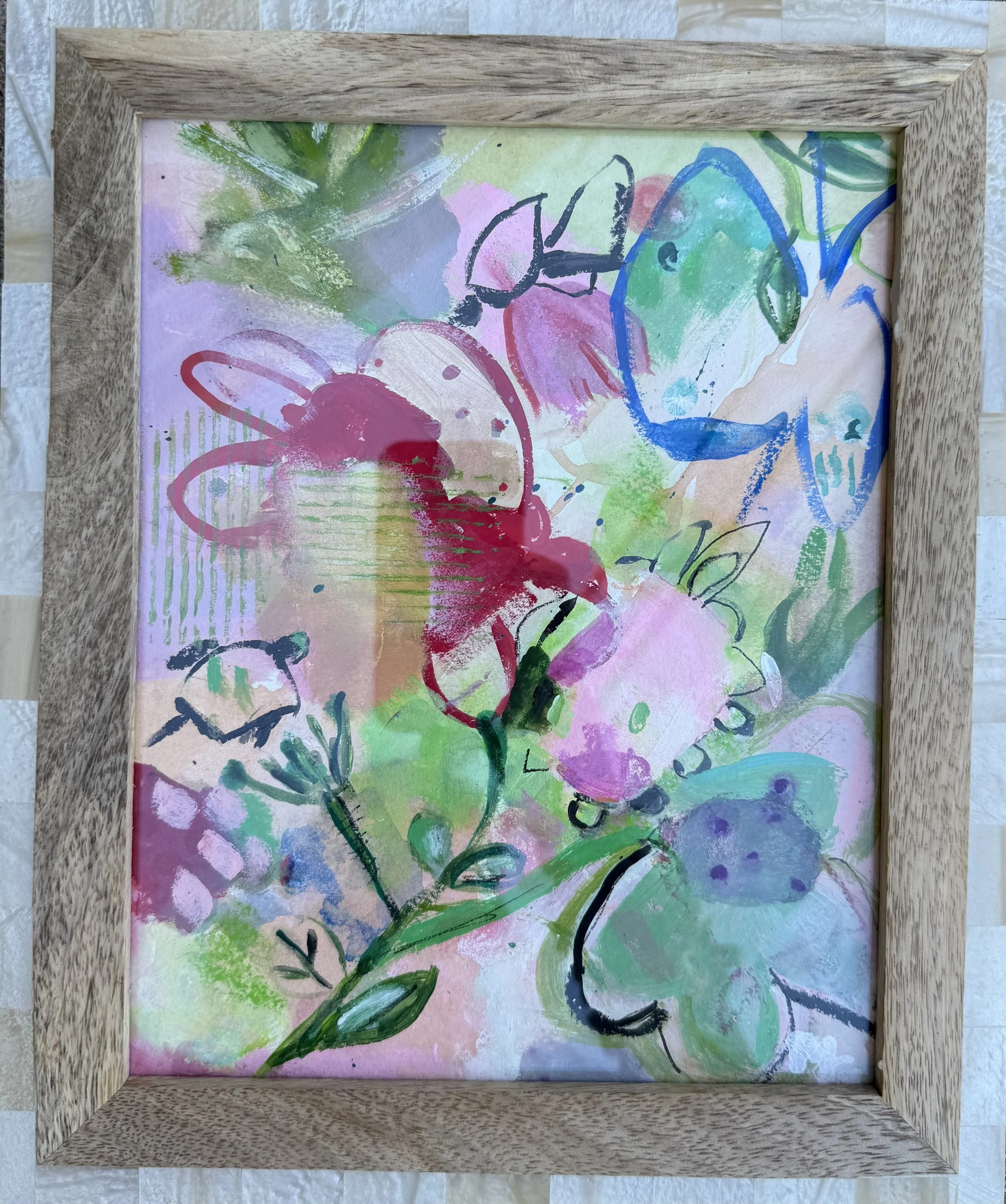 Abstract painting with vibrant pink, green, and blue floral shapes and loose linework.