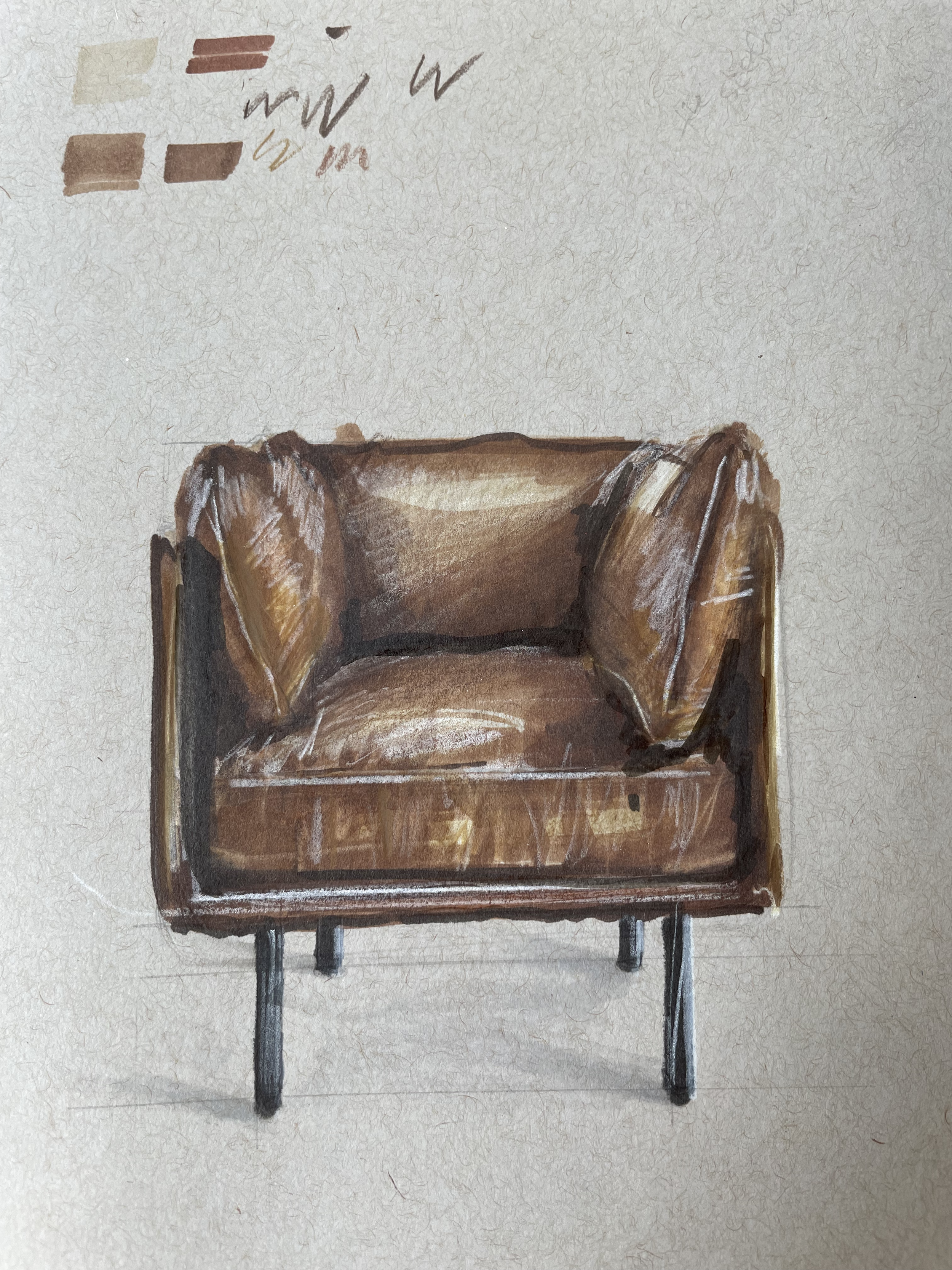 Sketch of a brown leather armchair with cushions, on a textured background