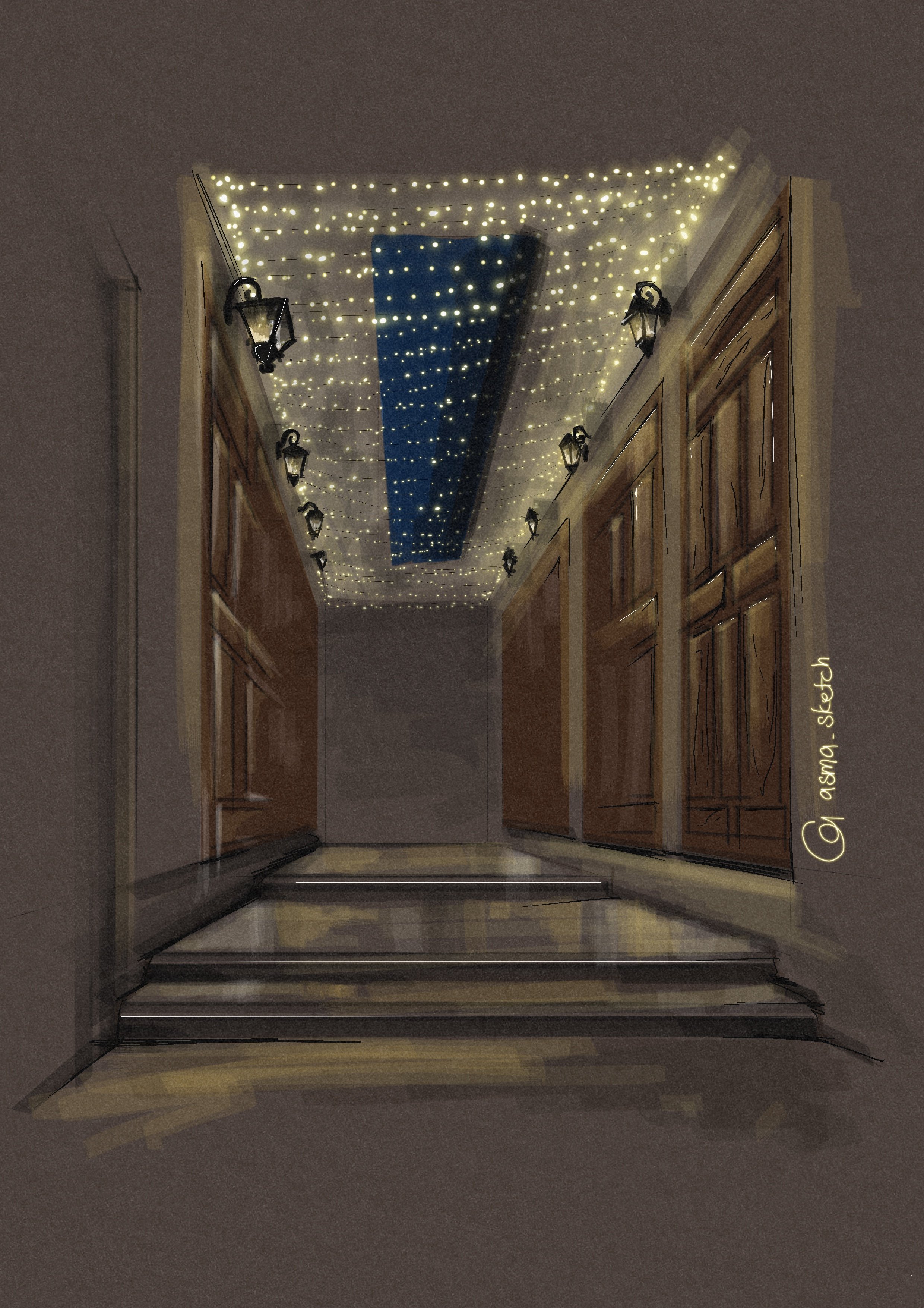 A moody sketch of Ramadan nights in al balad Jeddah — warm lights, aged wood, a quiet corridor.