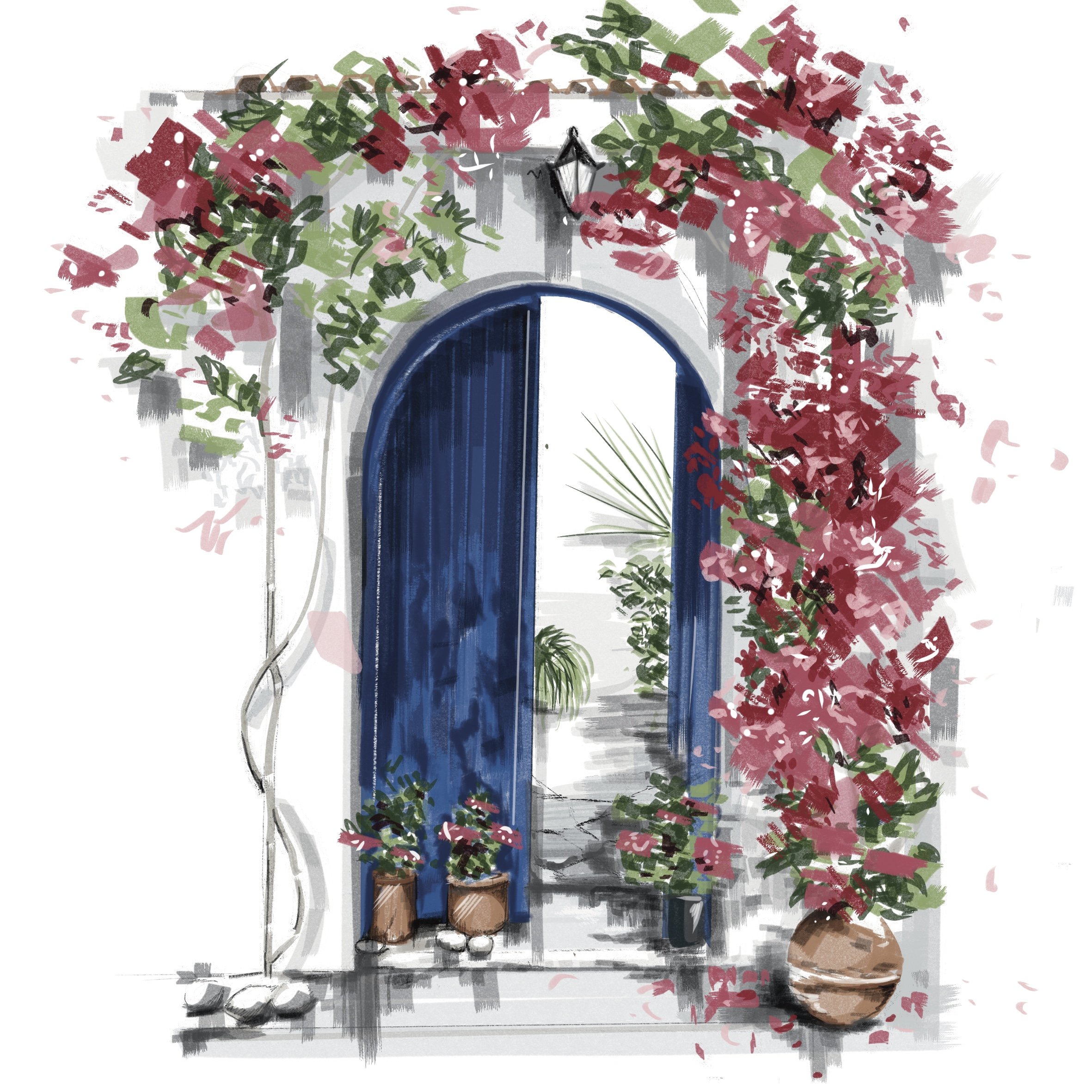 Mediterranean Bloom, digitally sketched with loose brushwork and layered color