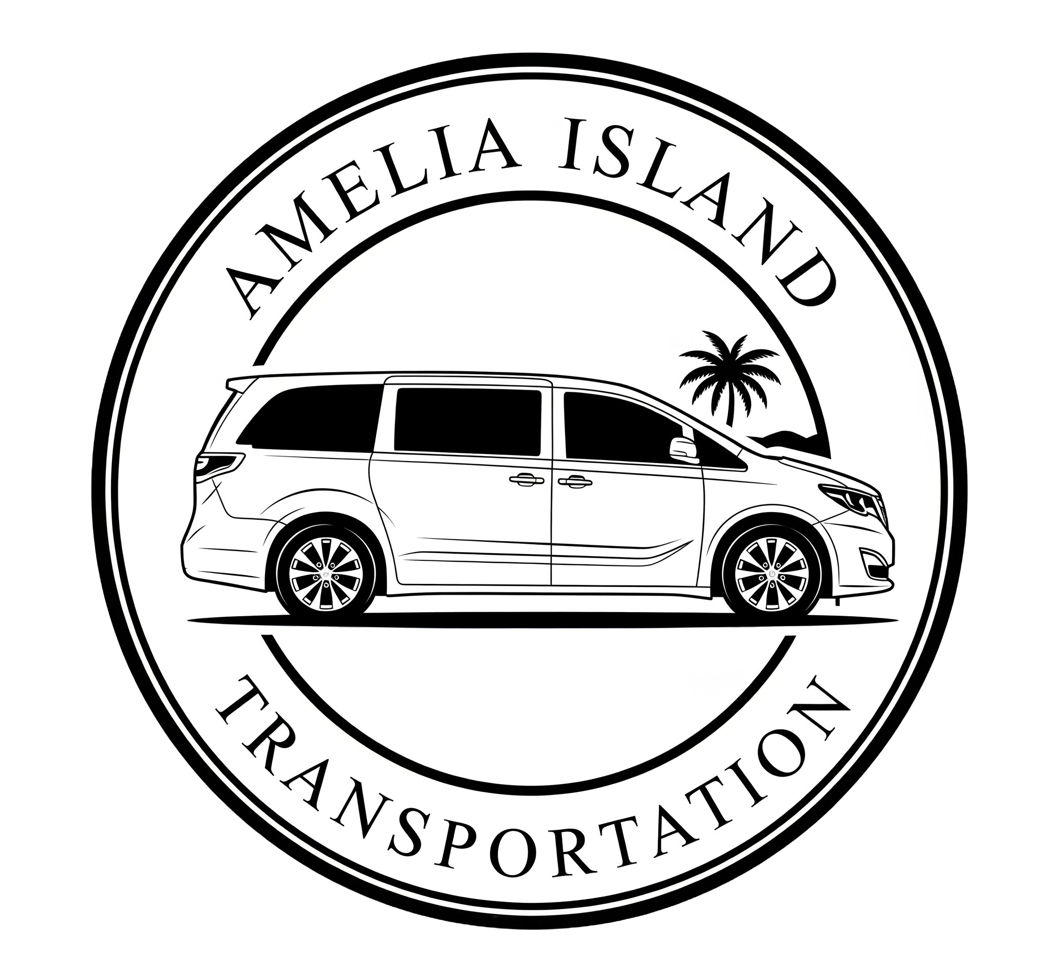 Black and white logo for Amelias Island Transportation featuring a minivan, a palm tree, and circular text.