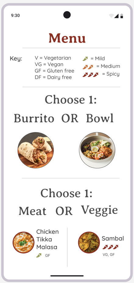 Mobile phone screen displaying a menu with a key for dietary needs icons, featuring options for a burrito or bowl, and choices of meat or veggie, with images of a burrito and a bowl of rice and vegetables