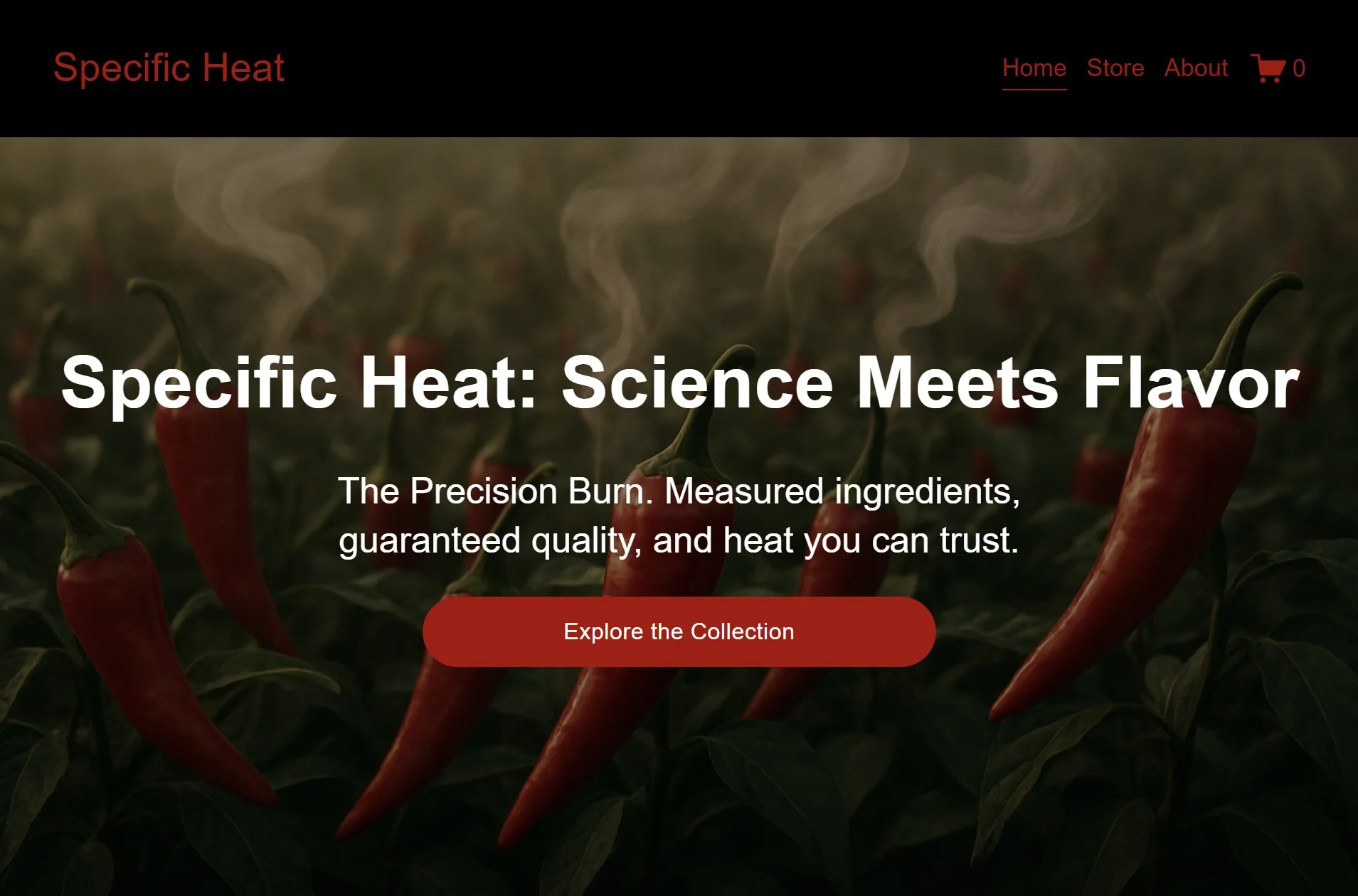 Website homepage for Specific Heat with a background image of red chili peppers emitting steam, featuring a headline about the brand's focus on science and flavor, and a call-to-action button labeled 'Explore the Collection'.