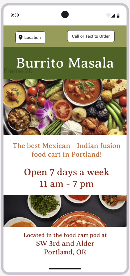 Screenshot of a mobile website for Burrito Masala, a Mexican-Indian fusion food cart in Portland. The page features images of food, including bowls of dishes and fresh ingredients. It states that the food cart is open 7 days a week from 11 am to 7 pm, located at SW 3rd and Alder in Portland, OR, with options to call or get directions.