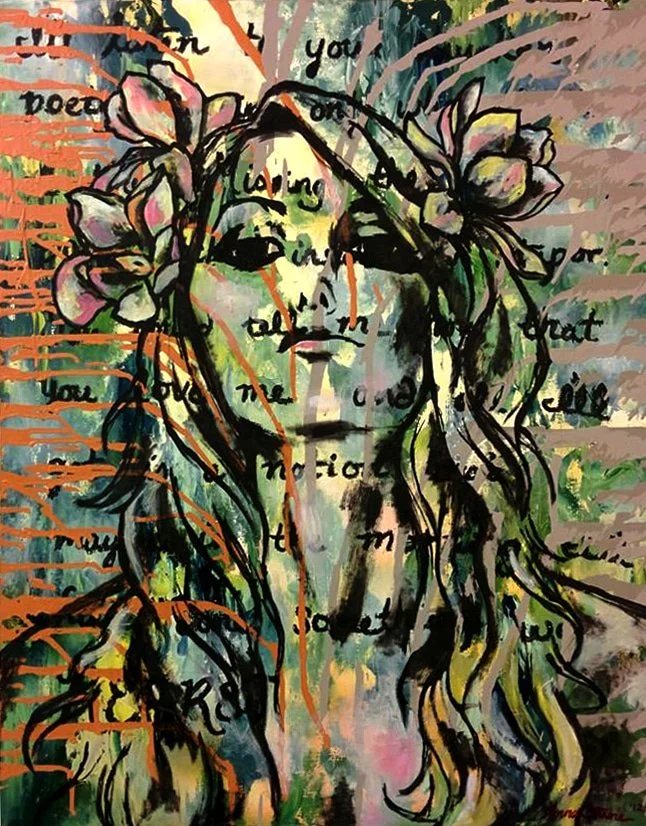 Mixed media painting by Anna Strane featuring a woman with flowers in her hair overlaid with handwritten text in green, orange, and pink tones