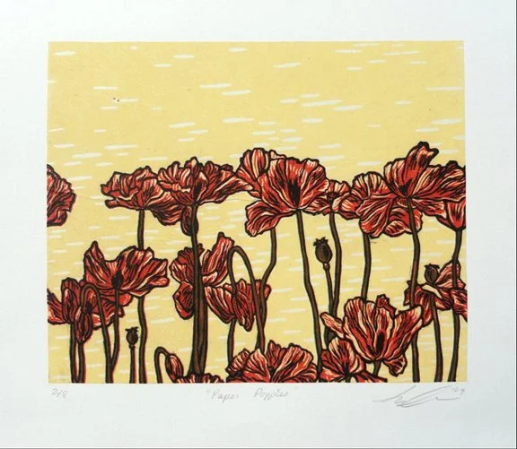 Paper Poppies - Reduction Linocut