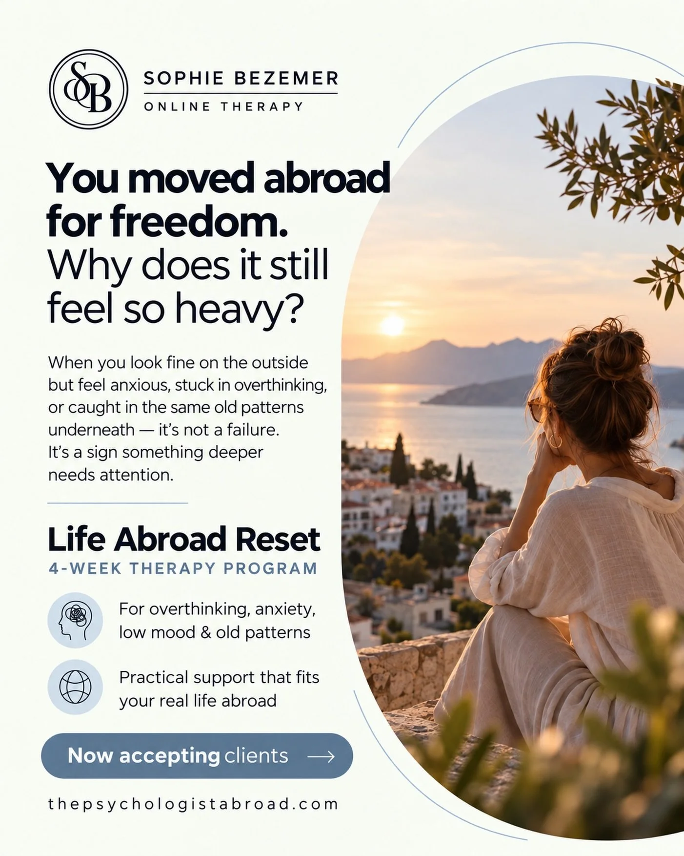 You changed your surroundings. But somehow, the same feelings followed you.

Changing your life doesn&rsquo;t always mean feeling better in it.

My Life Abroad Reset is a 4-week therapy program designed to help you:

✦ Break patterns that keep you fe