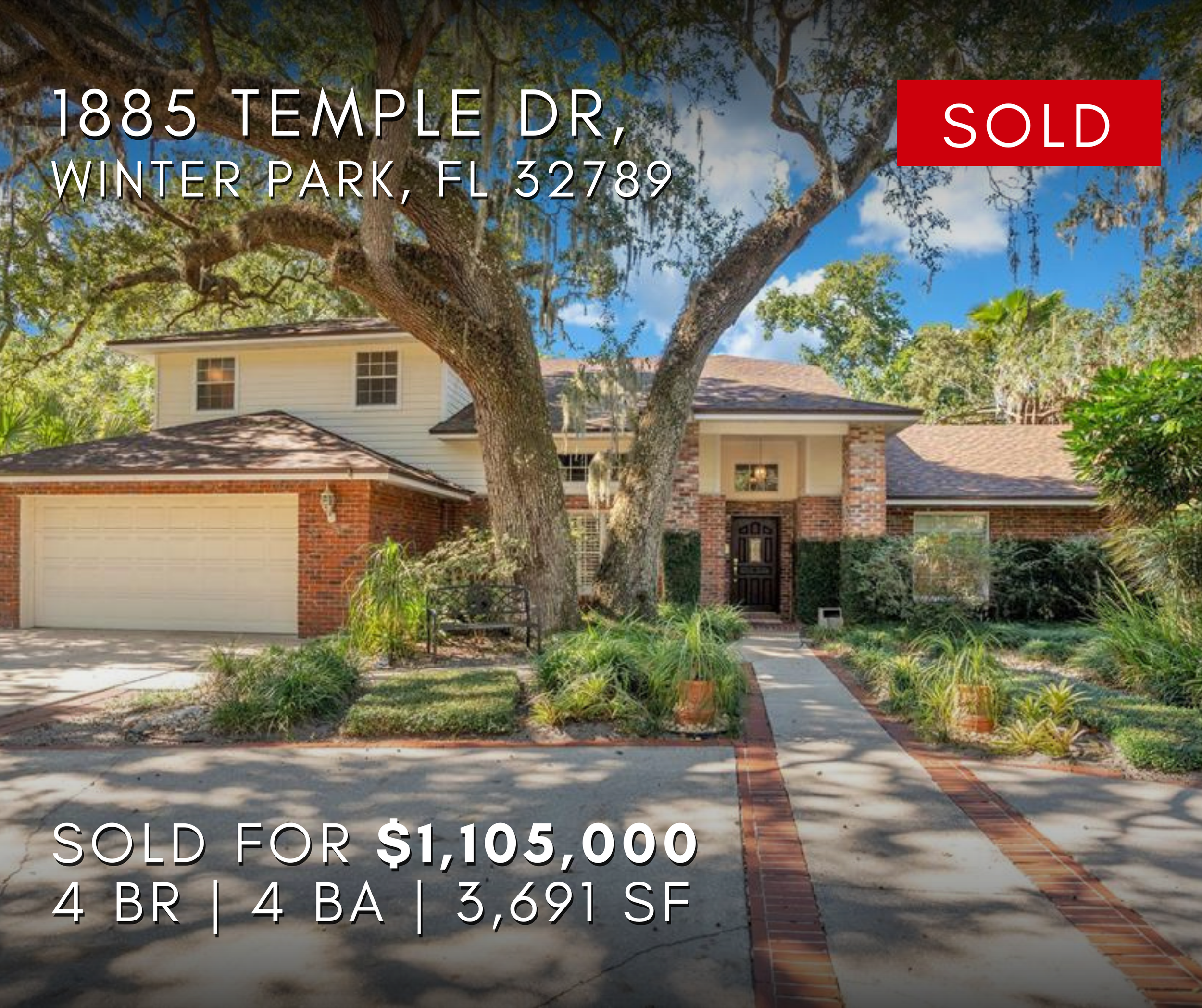 1885 Temple Drive Winter Park, Florida 32789 A house in Winter Park, Florida, with a brick and siding facade, surrounded by trees and landscaping, on a sunny day.