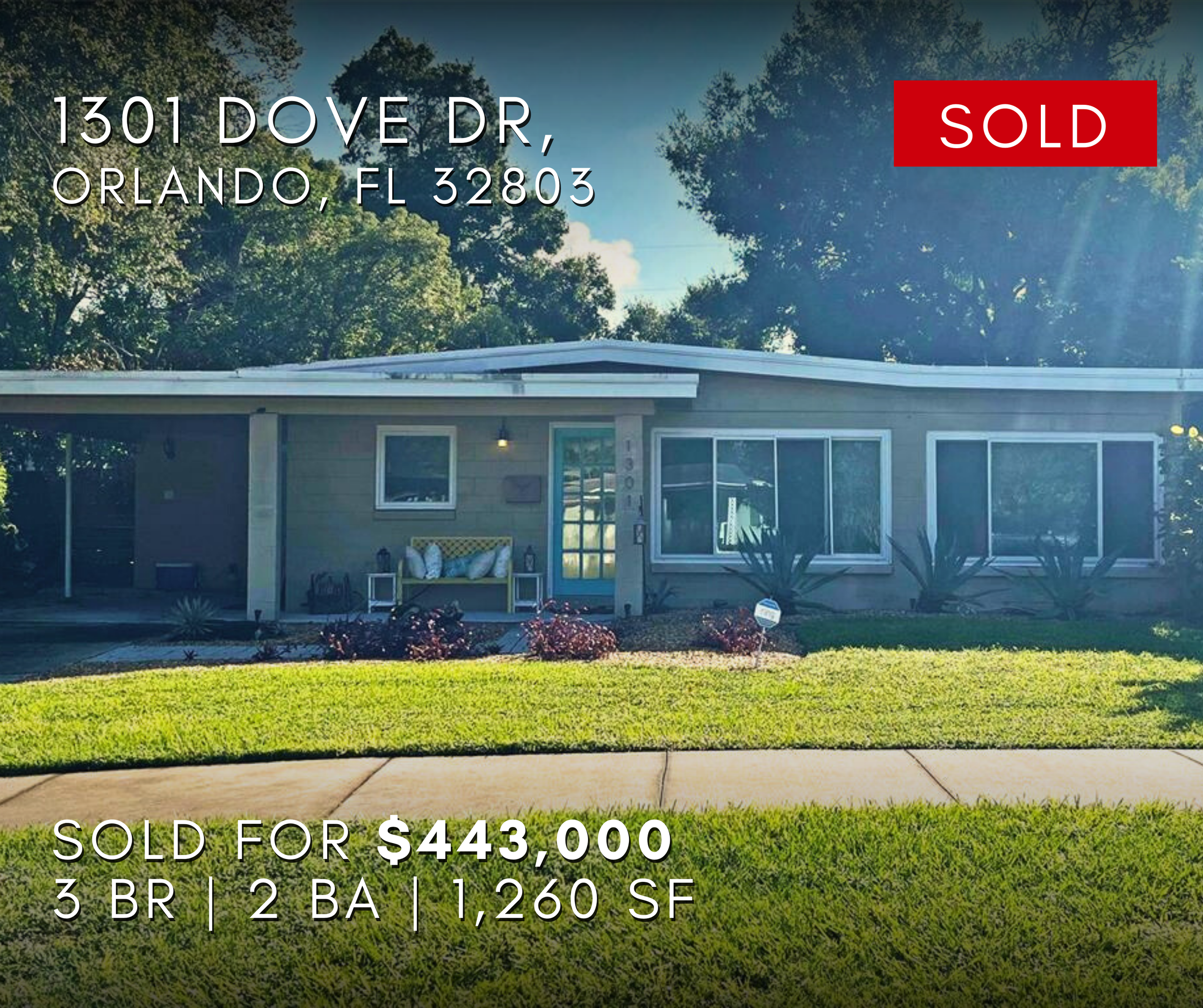 1301 Dove Drive, Orlando Florida 32803, 3 bedrooms, 2 bathrooms, and 1,260 square feet, Sold Home