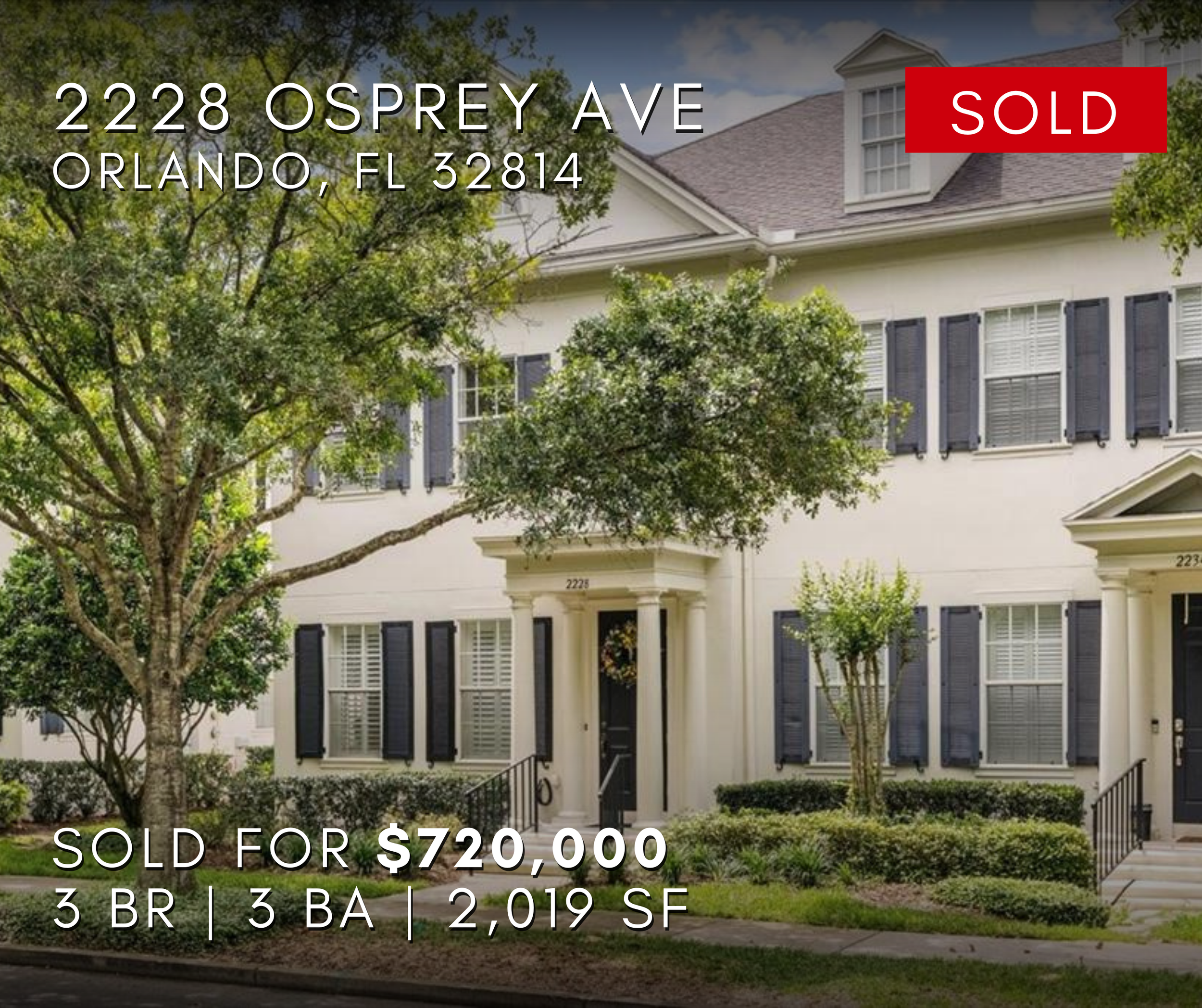 2228 Osprey Ave, Orlando, FL 32814, has been sold for $720,000, with 3 bedrooms, 3 bathrooms, and 2,019 square feet. Sold home by Jenni Sloan at Kelly Price & Company