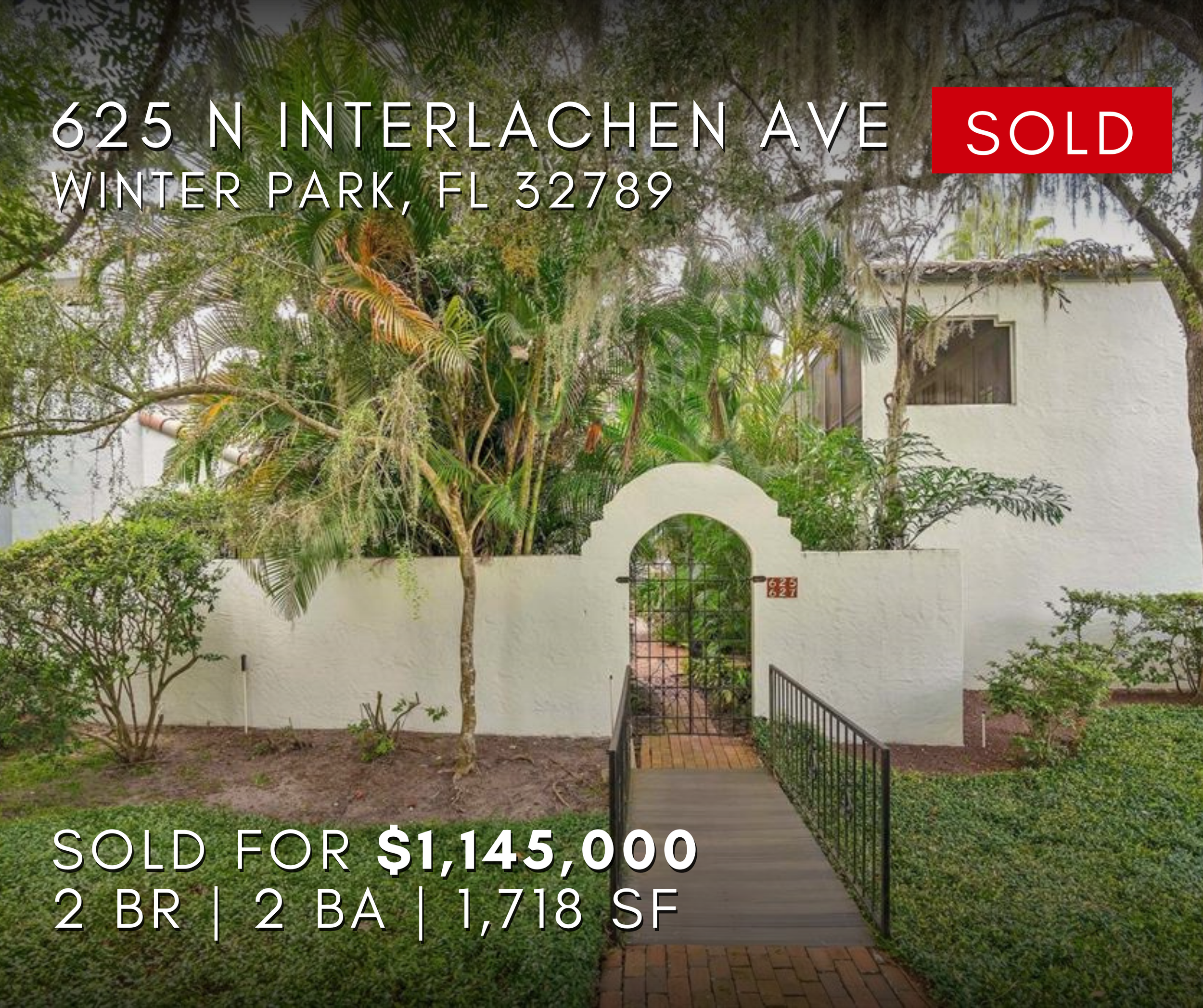 625 N Interlachen Ave, Winter Park, FL 32789, sold property, sale price of $1,145,000, 2 bedrooms, 2 bathrooms, and 1,718 square feet.