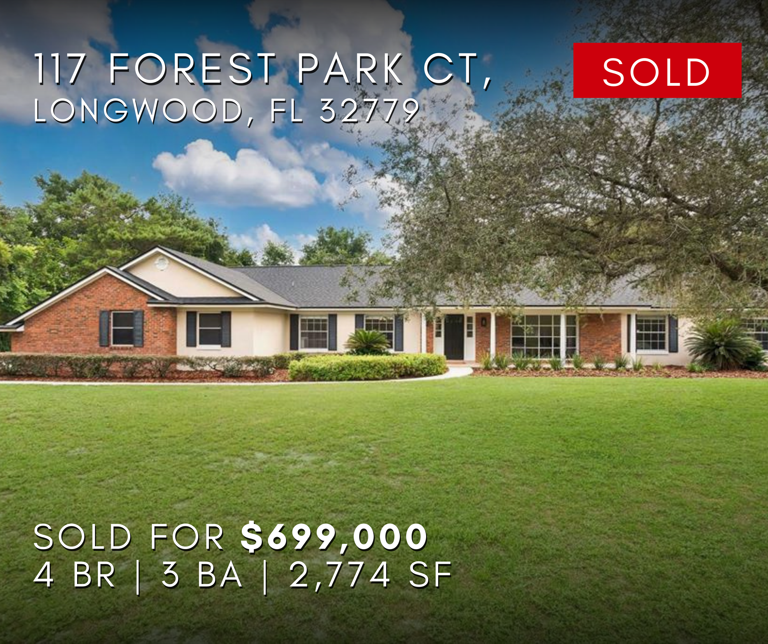 117 Forest Park Court, Longwood, Florida 32779, A house with a large front yard, brick and white siding exterior, black shutters, and a covered front porch, with a partly cloudy sky above.